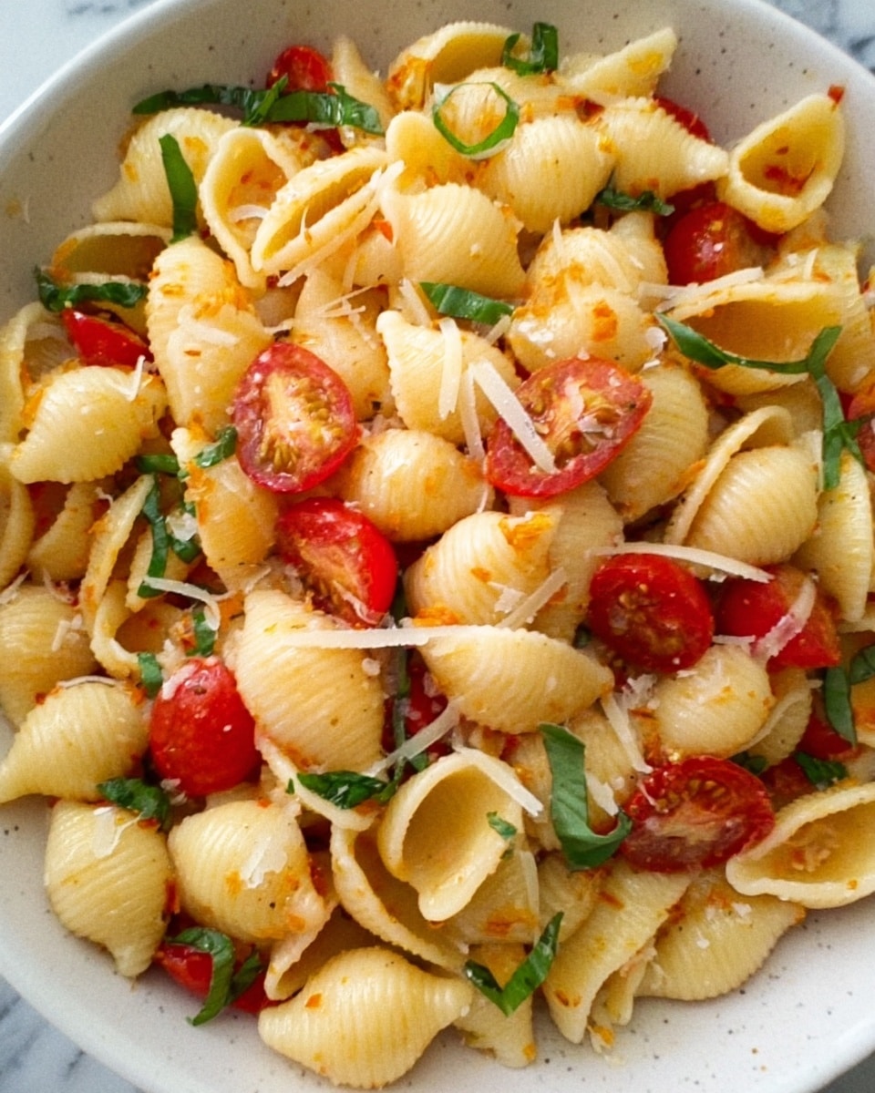 This image shows a close-up of a white bowl filled with shell pasta tossed with small slices of red cherry tomatoes scattered throughout. The pasta shells are pale yellow with a slight gloss, and there are thin light-colored shavings of cheese spread on top. Small pieces of green basil leaves are also mixed in, giving pops of green color on the surface. The texture of the pasta looks firm and slightly shiny, while the tomatoes add a juicy contrast. In the background, the bowl is placed on a white marbled surface. photo taken with an iphone --ar 4:5 --v 7