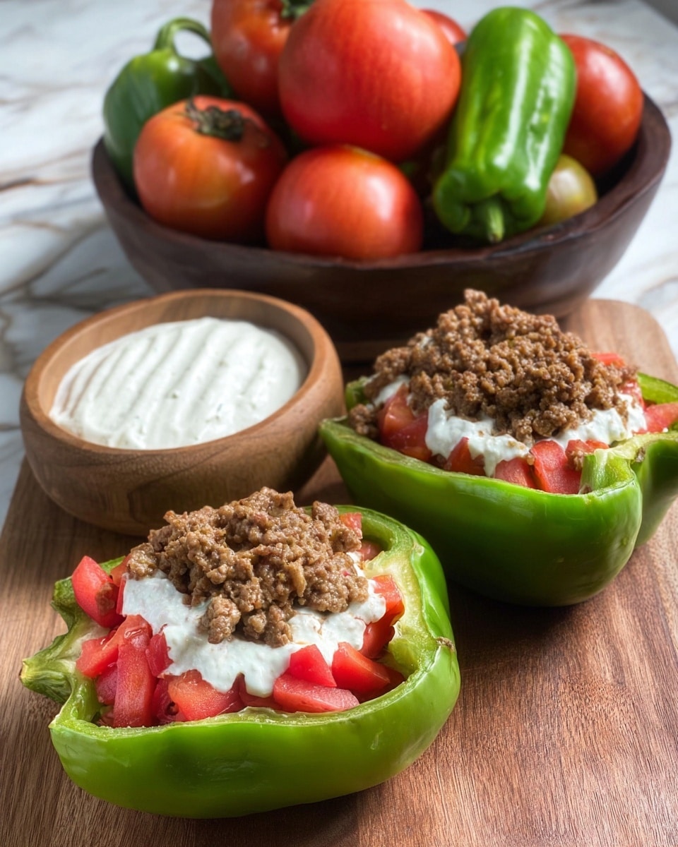 Two green bell pepper halves are used as bowls, each filled with three layers: the bottom layer is chopped red tomatoes, the middle layer is white creamy sauce, and the top layer is cooked ground meat, all placed on a brown wooden surface. In the background, there is a dark brown bowl filled with various whole tomatoes and peppers, alongside a small wooden bowl holding more white creamy sauce, all set against a white marbled textured surface. photo taken with an iphone --ar 4:5 --v 7
