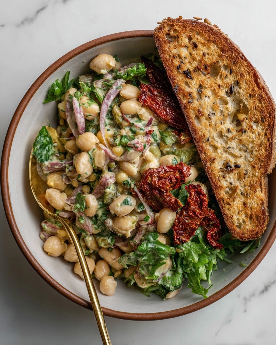 The dish shows a white plate with a tall stack of chickpeas mixed with green leafy herbs and bits of sun-dried tomatoes on top. The chickpeas are light yellow and creamy, while the herbs are fresh green, giving a bright look. Next to the chickpeas, there is a large slice of toasted bread, golden brown with visible seeds and a crunchy texture. The food sits on a white marbled surface, and a woman's hand is reaching towards the toast from the side. Photo taken with an iphone --ar 4:5 --v 7