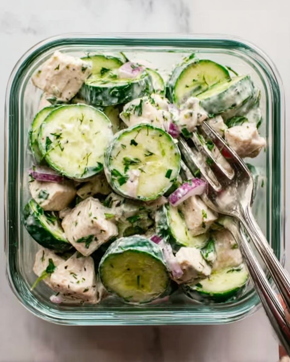 A clear square glass container with blue clips on the sides holds a creamy salad. Inside, there are two main layers mixed together: pale pink chunks of cooked chicken and round slices of green cucumber with darker skins. The creamy dressing coats all pieces with a white, slightly thick texture speckled with small green herbs. The container sits on a white marbled surface, and the overall look is fresh and simple. photo taken with an iphone --ar 4:5 --v 7