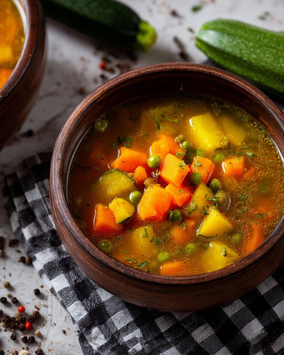 The image shows a round earthen bowl filled with vegetable soup, placed on a black and white checkered cloth over a wooden table. The soup has colorful chunks of orange carrots, yellow squash, green peas, and pieces of celery in a clear broth, sprinkled with chopped fresh green herbs on top. Around the bowl, there is a small black bowl with mixed peppercorns and a whole zucchini lying next to it. The overall setting is warm and rustic with a focus on the vibrant colors of the soup. photo taken with an iphone --ar 4:5 --v 7
