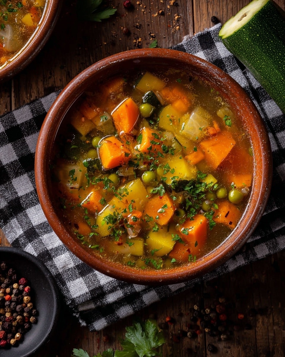A close-up of a rustic soup in a brown bowl placed on a black and white checkered cloth over a white marbled texture surface. The soup has three main layers of visible ingredients: the bottom layer is a clear, light broth; above it are bright orange chunks of carrot and yellow pieces of squash or potato; scattered green peas and herbs are mixed throughout the top, adding specks of green and fresh texture, with a few small pieces of other vegetables visible. Around the bowl are whole peppercorns and a zucchini on the white marbled surface. Photo taken with an iphone --ar 4:5 --v 7