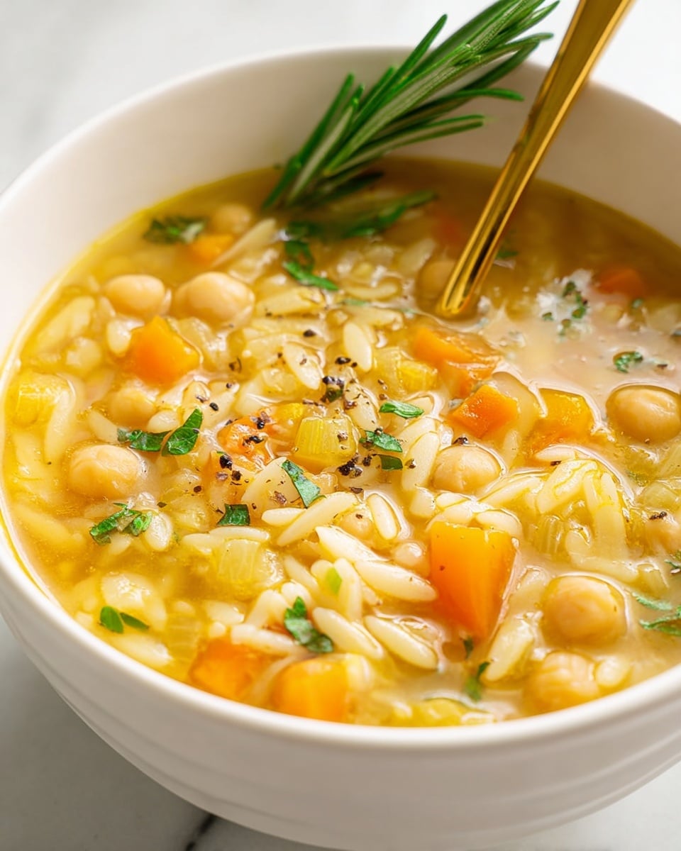 A close-up image of a spoon filled with thick soup, showing a mix of ingredients like small white beans, soft yellow potato chunks, orange carrot pieces, and green herb bits, all covered in a light golden broth. The spoon hovers over a white bowl full of more of the same soup, with visible small pasta spirals, carrots, and greens. A sprig of rosemary floats on the surface in the bowl, against a background with a white marbled texture. photo taken with an iphone --ar 4:5 --v 7