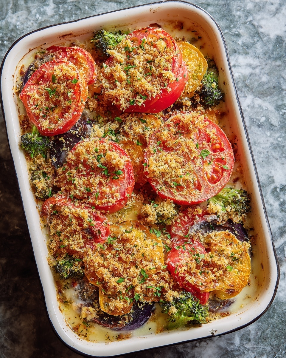 The image shows a rectangular white enamel baking dish filled with a layered vegetable gratin. The top layer consists of round slices of red and yellow tomatoes sprinkled with golden-brown crispy breadcrumbs and some green herbs. Beneath the tomato layer, there are visible pieces of broccoli and purple eggplant, both cooked and slightly browned. The base layer appears creamy and light, likely a cheese or sauce base, partially seen around the edges. The dish rests on a white marbled textured surface. Photo taken with an iphone --ar 4:5 --v 7