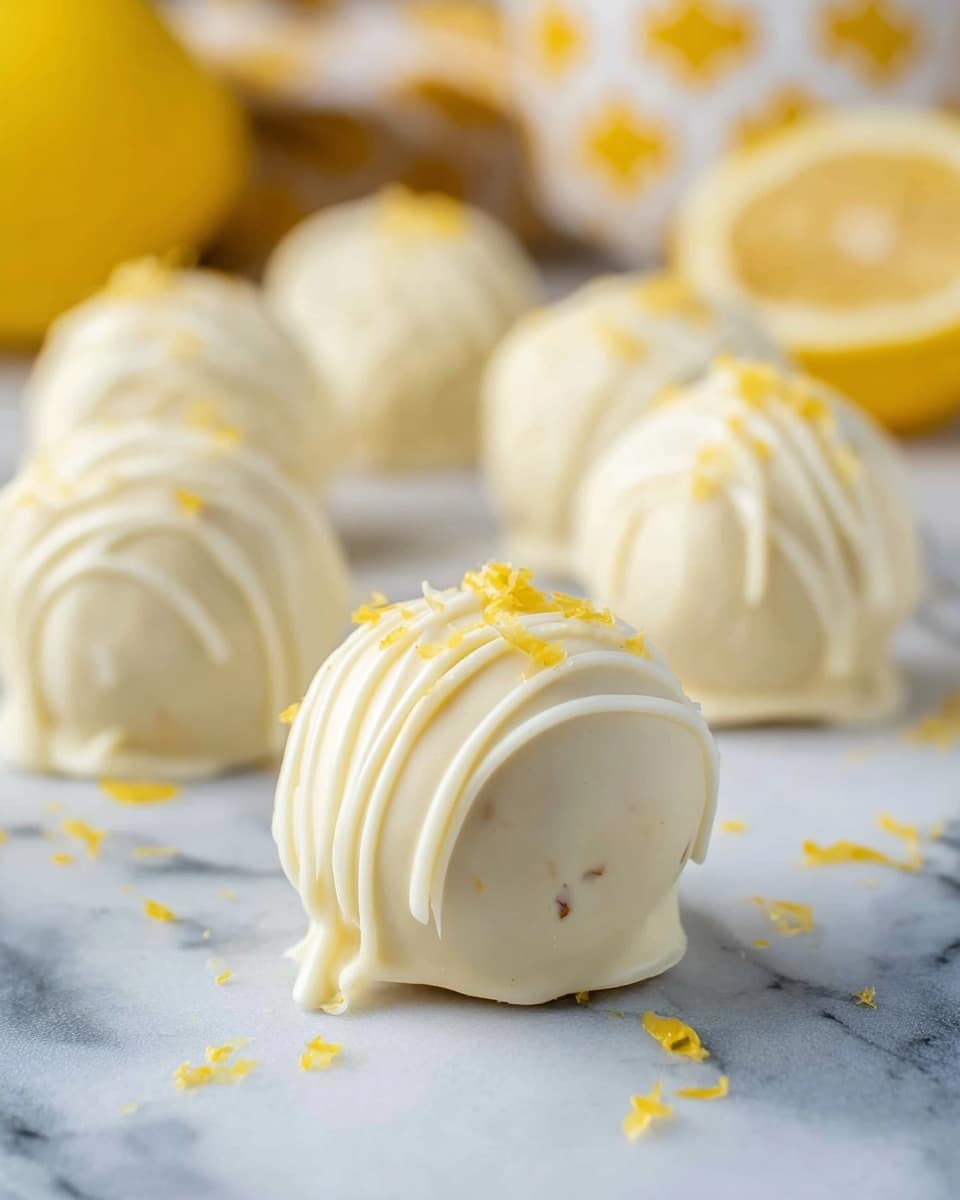The image shows several round white chocolate truffles placed on a white marbled surface, with one truffle in the front and the rest blurred in the background. Each truffle has a smooth white chocolate coating with light white chocolate drizzle lines on top and small yellow lemon zest pieces scattered around and on them. The truffles have a rich creamy texture with a slight shine from the chocolate. The background includes blurred out lemon halves and part of a yellow patterned object. Photo taken with an iphone --ar 4:5 --v 7