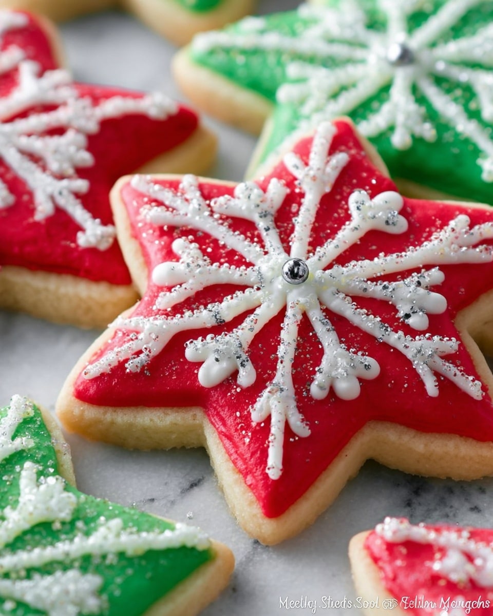 A close-up of sugar cookies with white snowflake patterns on top, arranged on a white plate with red trim, placed on a white marbled surface. The cookies are in different shapes, including stars and circles, each with a smooth layer of bright red or green icing. The white snowflake icing is piped delicately over the colored icing, creating fine, detailed patterns. Some cookies have a small silver ball in the center of the snowflake. The colors are vibrant and the cookies look soft and slightly thick, with a light golden edge on the dough. Photo taken with an iphone --ar 4:5 --v 7