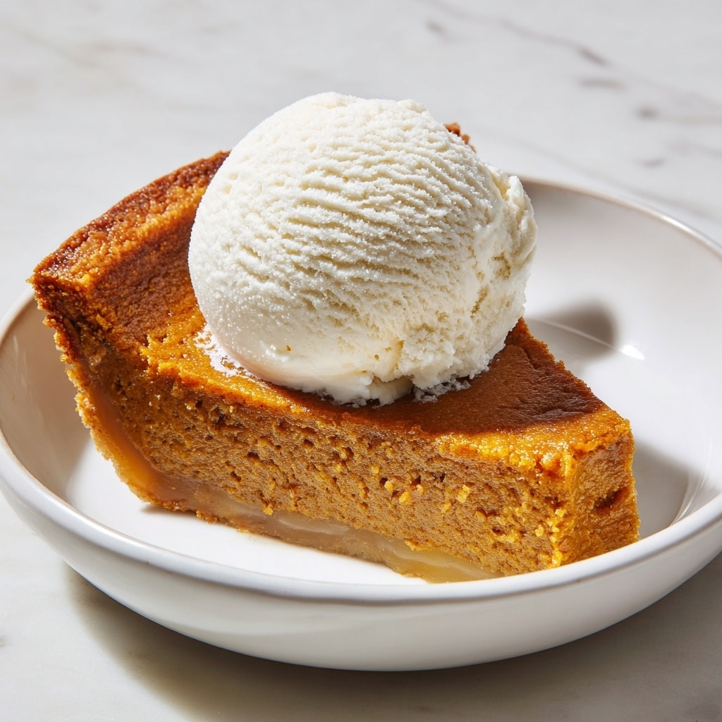 A close-up view of a single slice of pumpkin pie with three clear layers: the bottom layer is a light, crumbly crust; the middle layer is a thick, smooth pumpkin filling in deep orange color with a creamy texture and some bite marks on the side; the top layer is a shiny, caramelized glaze with a darker orange-brown tint. On top of the pie slice is a generous dollop of white whipped cream sprinkled with light brown cinnamon powder. The pie sits on a white marbled surface with blurred orange pumpkins in the background. Photo taken with an iphone --ar 4:5 --v 7