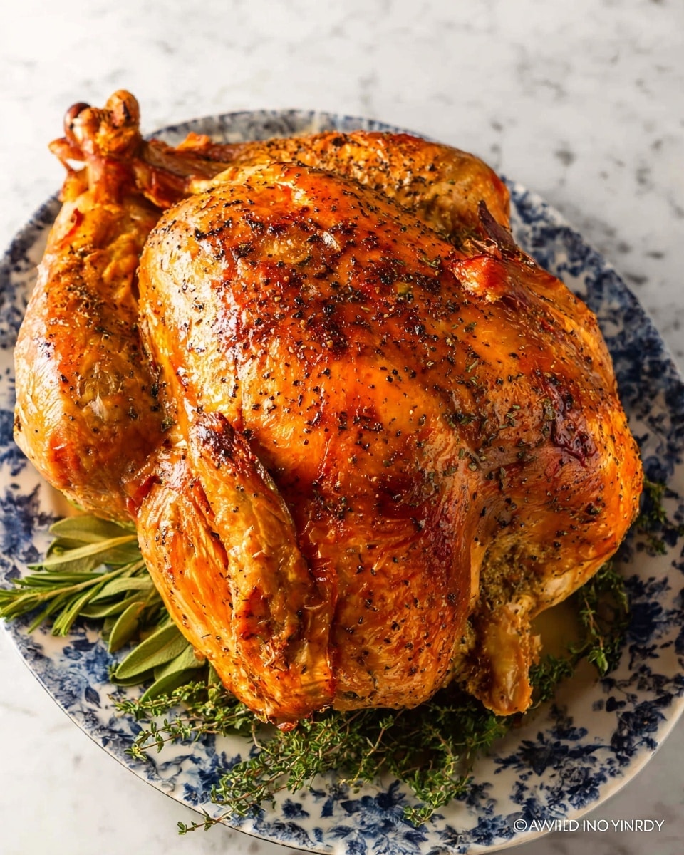 A whole roasted chicken with a crispy, golden-brown skin speckled with black pepper sits in a shiny silver roasting pan. The chicken is centered with its wings folded close to the body and some herbs and garlic pieces visible inside the cavity. The roasting pan rests on a white marbled surface, with a checked cloth partially under it and fresh green herbs, including rosemary and sage, scattered alongside. The lighting highlights the juicy texture and rich color of the chicken's skin. Photo taken with an iphone --ar 4:5 --v 7