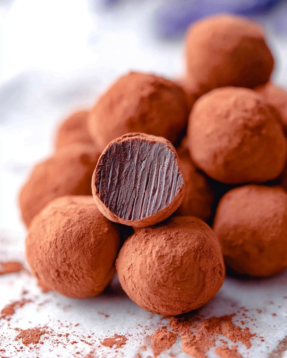 A pile of round chocolate truffles covered in a light brown cocoa powder dust sits on a white marbled textured surface. One truffle is cut in half and placed on top of the pile, showing the inside which is dark brown with a rich, dense texture and visible lines running vertically through it. The truffles have a smooth, slightly matte exterior with a soft, powdery finish from the cocoa dust. The background is softly blurred, focusing attention on the cluster of truffles in the center. photo taken with an iphone --ar 4:5 --v 7