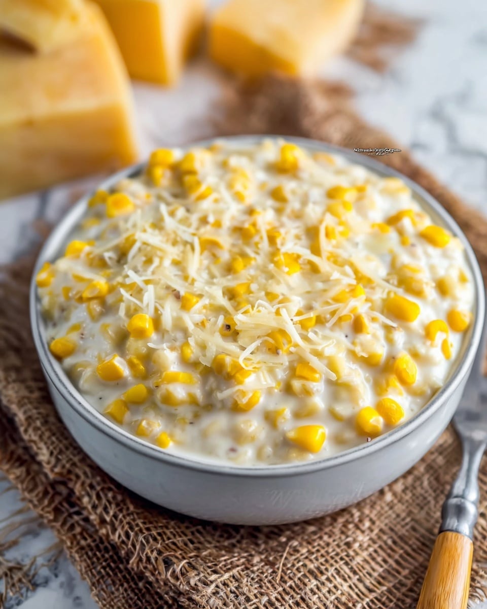 A white bowl filled with creamy corn topped with shredded cheese, showing a thick, smooth white sauce with bright yellow corn kernels spread evenly throughout, the bowl is placed on a woven textured fabric on top of a white marbled surface, with a wooden-handled utensil and blurred blocks of cheese in the background, the colors and textures emphasize the richness and softness of the dish, photo taken with an iphone --ar 4:5 --v 7