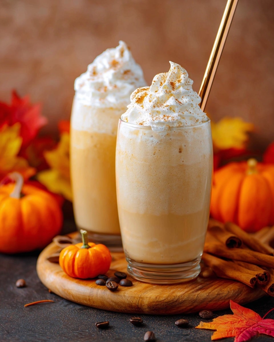 Two tall clear glasses sit on a round wooden board decorated with red autumn leaves. Each glass is filled with a light beige creamy drink that takes up most of the glass. On top, there is a thick swirl of white whipped cream sprinkled with light brown cinnamon powder. Both glasses have a shiny golden straw placed inside. Around the board are small pumpkins, a cinnamon stick, and a few coffee beans scattered. The background is a soft blur with warm orange and brown tones. photo taken with an iphone --ar 4:5 --v 7