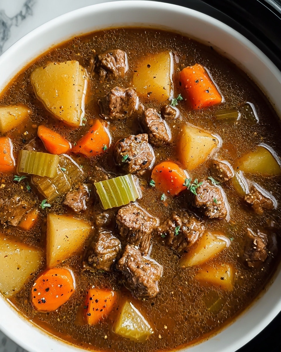 The dish is a hearty stew in a white bowl, with a rich brown broth visible as the base layer, speckled with black pepper. The stew contains chunky pieces of tender brown beef scattered throughout, bright orange carrot slices, light yellow potato chunks, and pale green celery pieces. The ingredients are mixed evenly, floating in the thick broth with a slightly glossy texture. The background is a white marbled surface. photo taken with an iphone --ar 4:5 --v 7