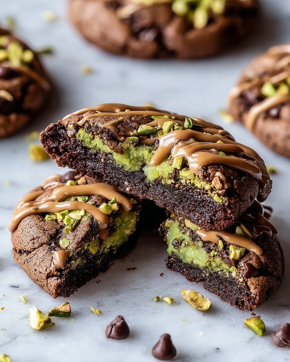 A close-up of a soft, thick chocolate cookie broken in half to show three layers: a dark chocolate base layer, a middle layer with bright green pistachio pieces, and a top layer of rich dark chocolate cookie studded with pistachio nuts. The cookie is drizzled with light brown chocolate on top, and there are small chocolate chips and crushed pistachio bits scattered on the white marbled surface around it. Other whole cookies are blurred in the background. photo taken with an iphone --ar 4:5 --v 7