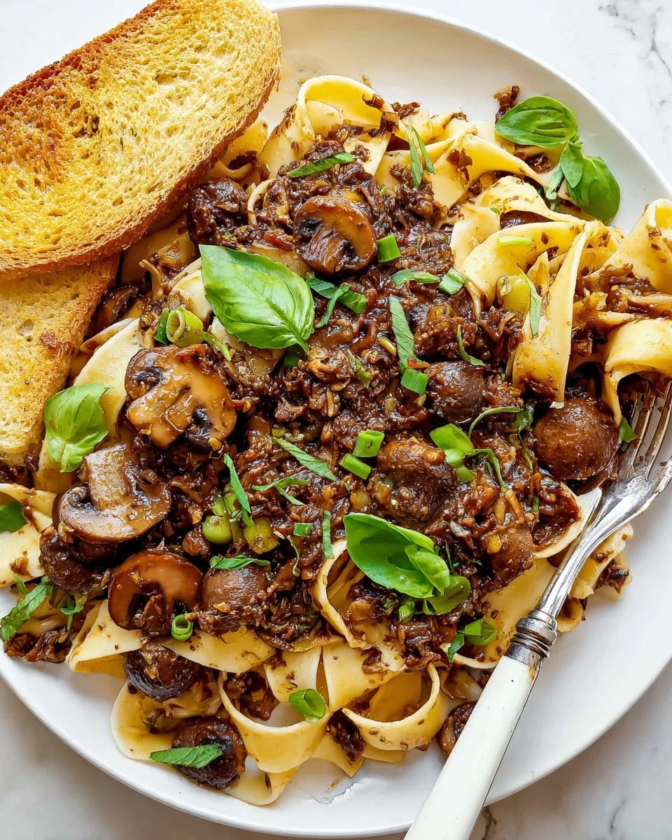 A plate of wide, flat pasta noodles covered with a thick, dark brown mushroom sauce mixed with small chunks of mushrooms and minced ingredients. Whole cooked brown mushrooms are scattered on top, along with fresh green basil leaves and small green onion slices, adding pops of bright green color. A slice of golden toasted bread rests on the edge of the white plate. A white handled fork is partially buried in the pasta, showing the texture and layering of the noodles and sauce. The dish is placed on a white marbled surface. photo taken with an iphone --ar 4:5 --v 7