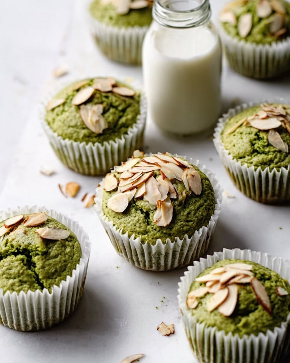 The image shows a white marble surface with several green muffins arranged in a scattered pattern. Each muffin is in a white paper liner, with the top slightly cracked, revealing a soft and moist texture inside. The muffins' green color looks natural, likely from matcha or spinach, and each is topped with thin, toasted almond slices that add a light brown contrast, sprinkled unevenly. A glass bottle of milk is placed in the background, slightly out of focus, adding a creamy white accent. The overall scene is bright and clean, with soft natural light casting gentle shadows. Photo taken with an iphone --ar 4:5 --v 7