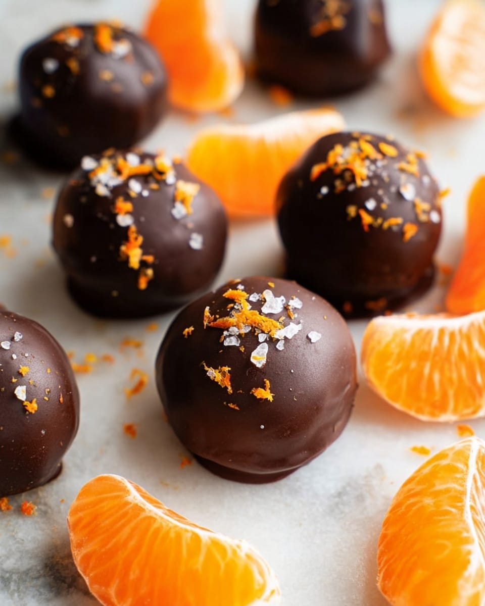 Several round chocolate truffles are placed on a white marbled surface. Each truffle is coated in smooth, dark brown chocolate with a slightly shiny texture and is sprinkled with small pieces of bright orange zest and a few flakes of white sea salt, giving a lightly textured appearance on top. Scattered around the truffles are vibrant orange citrus wedges with juicy, glossy pulp and a thin peel, adding a fresh contrast to the dark chocolate. The arrangement is close up and softly lit, highlighting the rich colors and textures. photo taken with an iphone --ar 4:5 --v 7