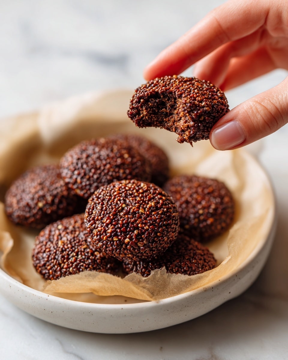 A woman's hand is holding a small, round chocolate biscuit with visible puffed grains and a bite taken out of one side, showing a dense, chewy texture inside. Below, a white plate is lined with parchment paper and filled with more of these chocolate biscuits, all round and similarly textured with a rough grainy surface made of small puffed seeds. The plate sits on a white marbled surface, creating a clean and bright background. photo taken with an iphone --ar 4:5 --v 7