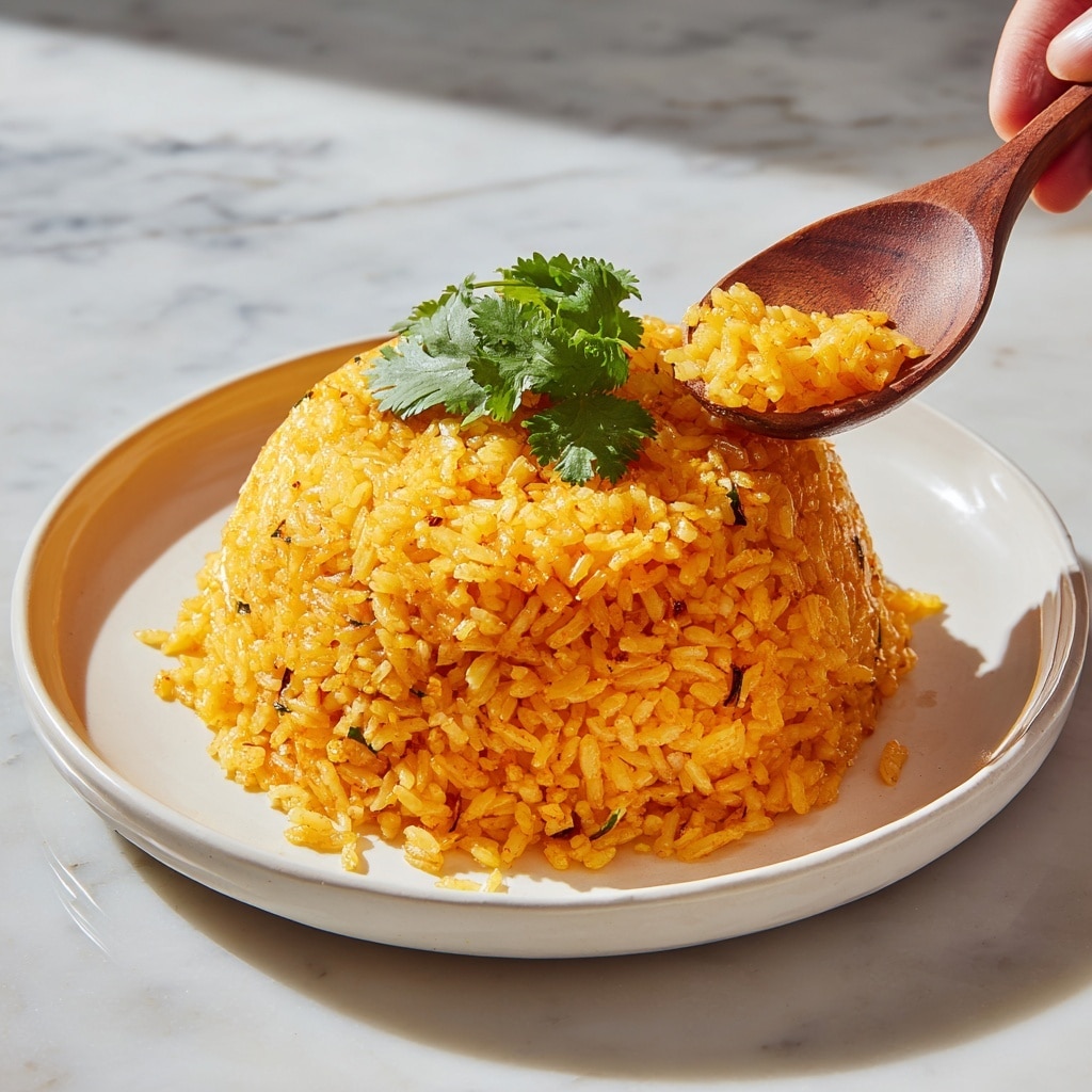 The image shows a mound of cooked yellow-orange rice shaped into a dome placed on a white plate. The rice looks fluffy with each grain separate, and small pieces of herbs or spices mixed in, giving it a slight texture variation. On top of the rice dome is a small bunch of fresh bright green cilantro leaves, adding a pop of color. In front, a wooden spoon is scooping some rice from the base of the mound, showing the loose, slightly moist grains. The plate sits on a white marbled surface that reflects natural light, highlighting the warm tones of the rice. Photo taken with an iphone --ar 4:5 --v 7