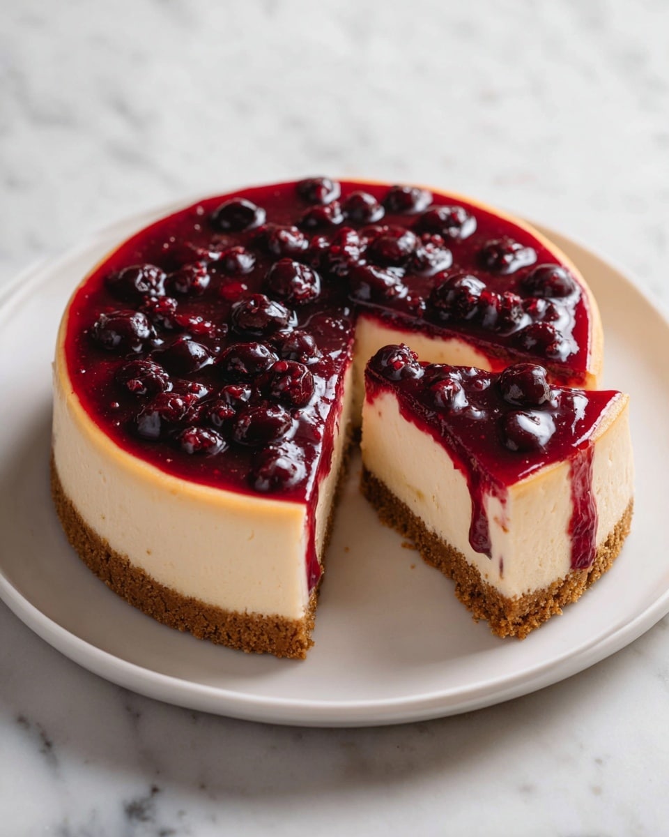 A round cheesecake with three distinct layers sits on a white plate on a white marbled surface. The bottom layer is a golden-brown crumb crust. Above it is a thick, smooth, and creamy off-white cheesecake layer. The top layer is a glossy deep red berry sauce with whole red berries scattered across, glistening under the light. One slice is cut out and slightly separated from the main cake, showing clean layers and textures. photo taken with an iphone --ar 4:5 --v 7