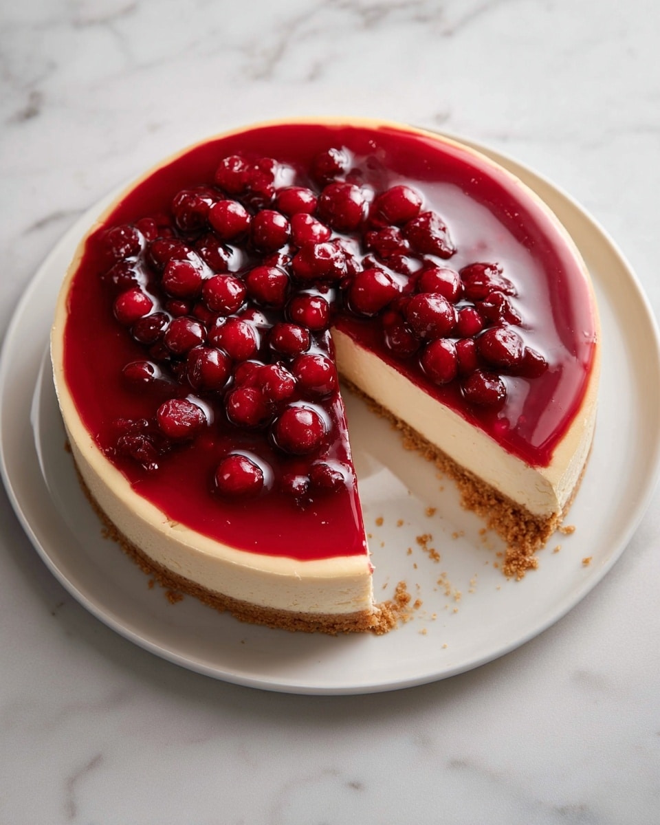 A round cheesecake with three visible layers sits on a white plate against a white marbled texture. The base layer is a thin, crumbly brown crust. The middle layer is a thick, smooth, pale creamy cheesecake filling. The top layer is a glossy, deep red berry sauce with whole dark berries evenly spread across its surface. One slice is cut and slightly pulled out, showing all three layers clearly. Photo taken with an iphone --ar 4:5 --v 7