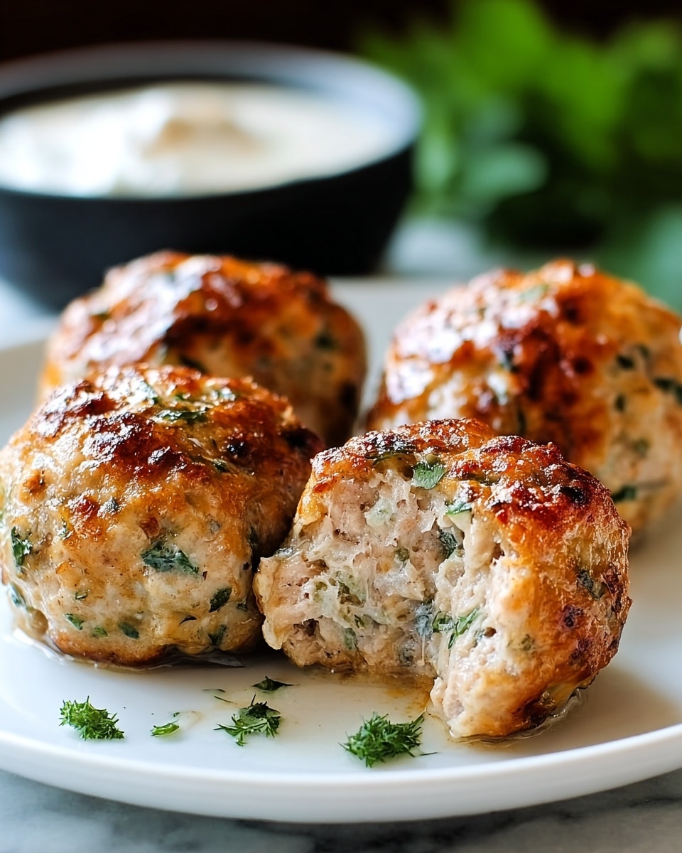Four golden-brown meatballs with a slightly crispy outside and visible green herbs mixed inside sit on a white plate. One meatball is partially bitten, showing a juicy and tender light brown interior with flecks of green herbs and small bits of other ingredients. Small green herb pieces are scattered around the meatballs on the plate. The background shows a blurred creamy white dip in a black bowl and green leafy herbs on a white marbled surface. photo taken with an iphone --ar 4:5 --v 7