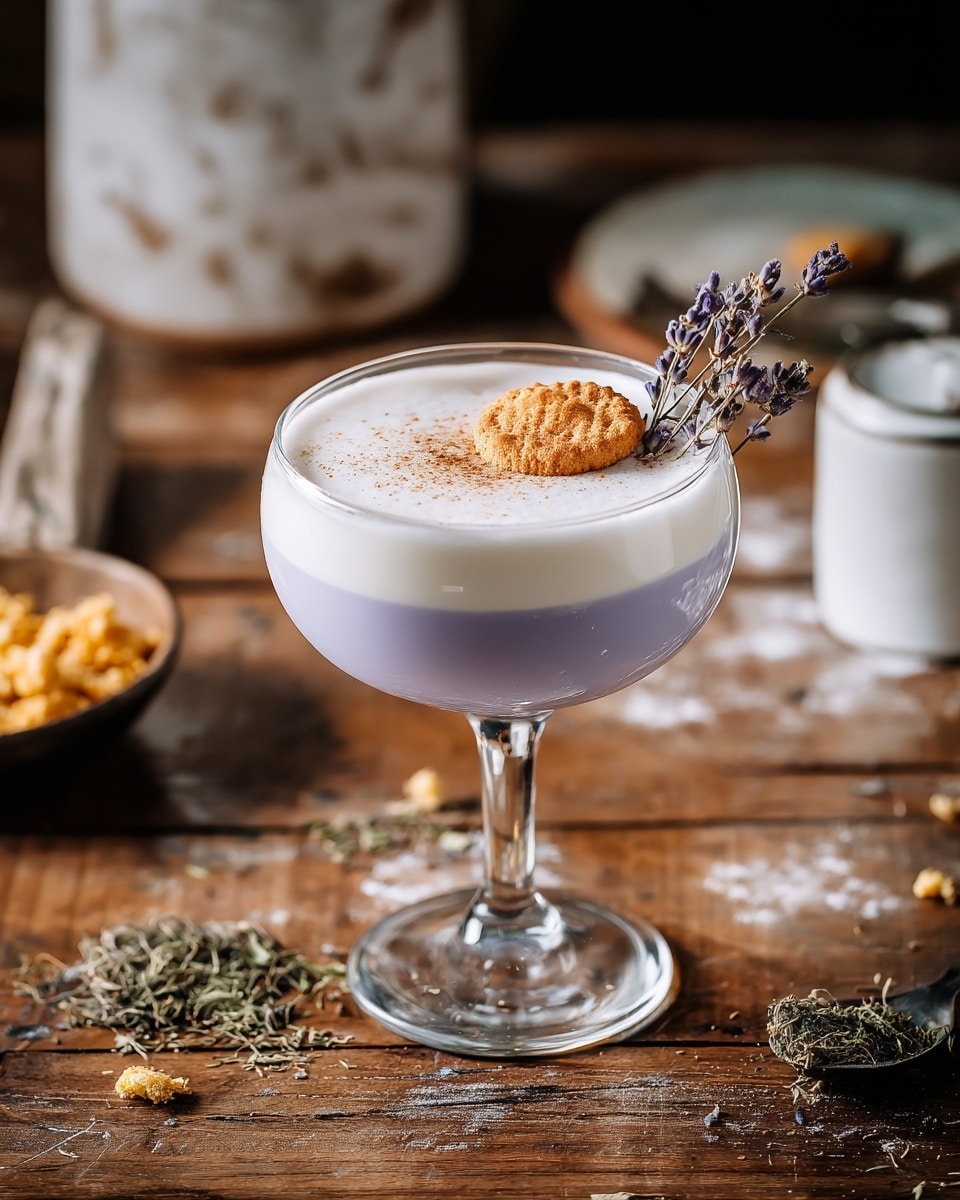 A clear glass coupe holds a layered drink with a purple base, topped by a thick white frothy layer, and garnished with a small yellow circle in the center sprinkled with dark specks. The glass is placed on a wooden surface with a small white bowl filled with purple round seeds and a silver spoon on the left. On the right, there is a black-handled knife with a spread of light brown paste on its blade. The background features blurred glass bottles with wooden tops and a white pot of purple flowers, all set against a white marbled texture. photo taken with an iphone --ar 4:5 --v 7