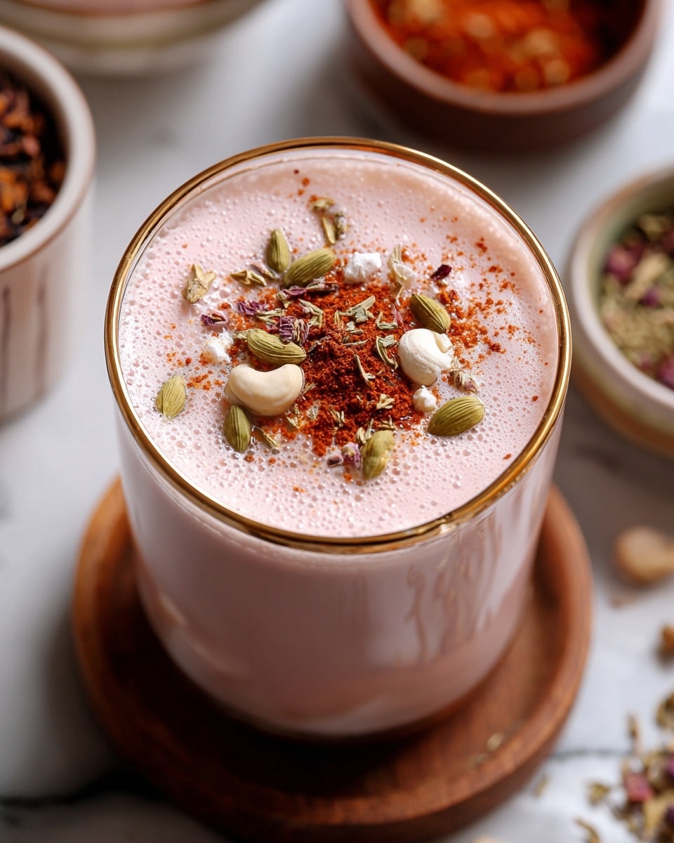 A clear glass cup with a gold rim holds a smooth, light pink drink with a frothy surface. On top, there is a layer of small seeds and nuts including green cardamom pods and white cashews, scattered around a central pile of reddish-brown powder and small white crystals. The cup sits on a round wooden coaster placed on a white marbled texture. In the blurred background, parts of another similar glass and bowls with spices are visible. photo taken with an iphone --ar 4:5 --v 7