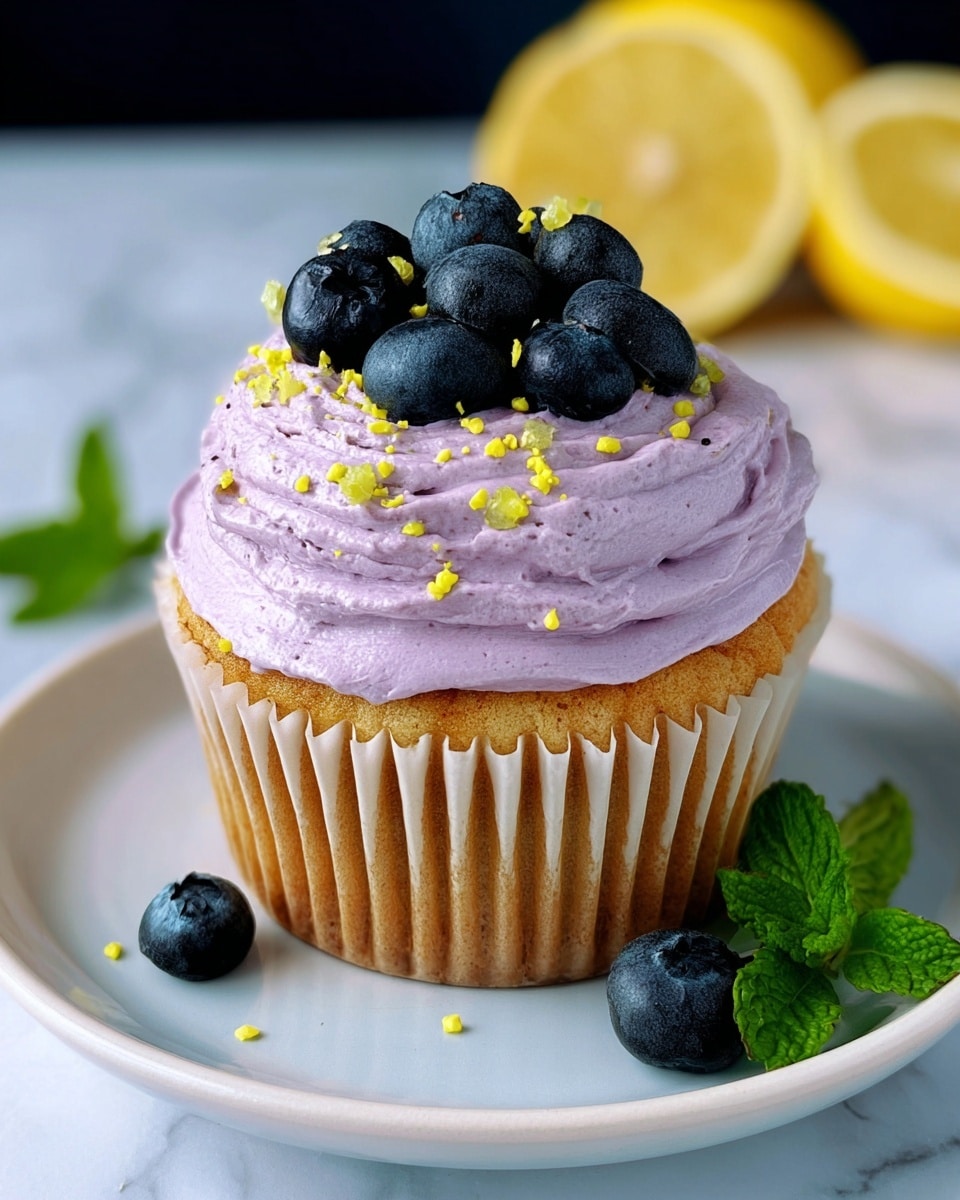A single cupcake sits centered on a white plate, with a light brown base wrapped in a ridged paper liner. On top, there is a thick layer of creamy light purple frosting with a whipped texture. The frosting is swirled gracefully and decorated with a small pile of fresh, glossy dark blue blueberries. Small yellow-green sprinkles are scattered around the blueberries on the frosting. In the background on the plate, there are two lemon halves with a soft yellow color and a few green mint leaves, all placed on a white marbled surface. photo taken with an iphone --ar 4:5 --v 7