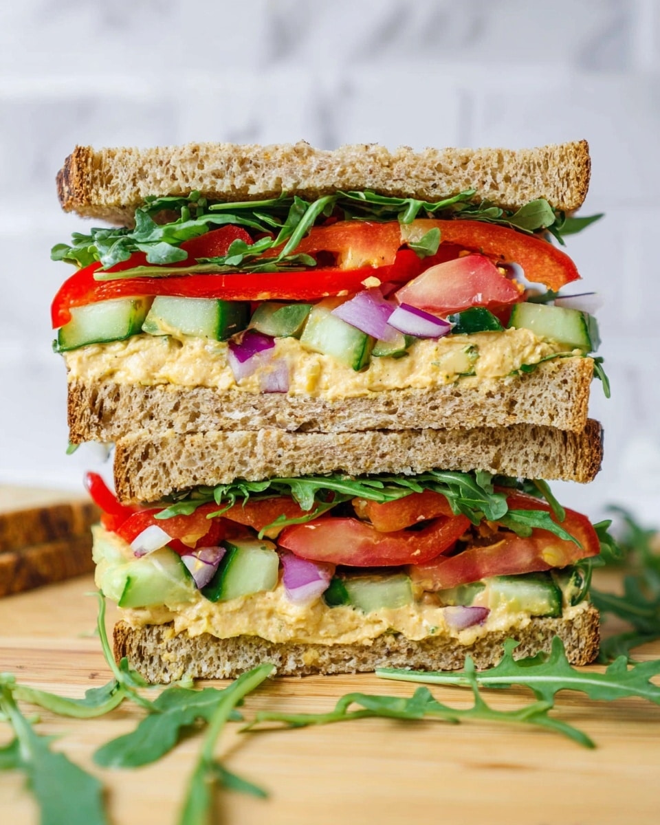 A tall sandwich made of three layers of light brown whole grain bread with a coarse texture. The bottom layer is topped with bright red roasted pepper strips, pale yellow creamy spread, small pieces of purple and white onion, green cucumber slices, dark green leafy arugula, and a slice of red tomato. The middle bread layer separates similar layers with the same ingredients of roasted peppers, onion, cucumber, tomato, arugula, and creamy spread. The sandwich has loose arugula leaves scattered around the base on a light wooden surface against a white marbled background. photo taken with an iphone --ar 4:5 --v 7