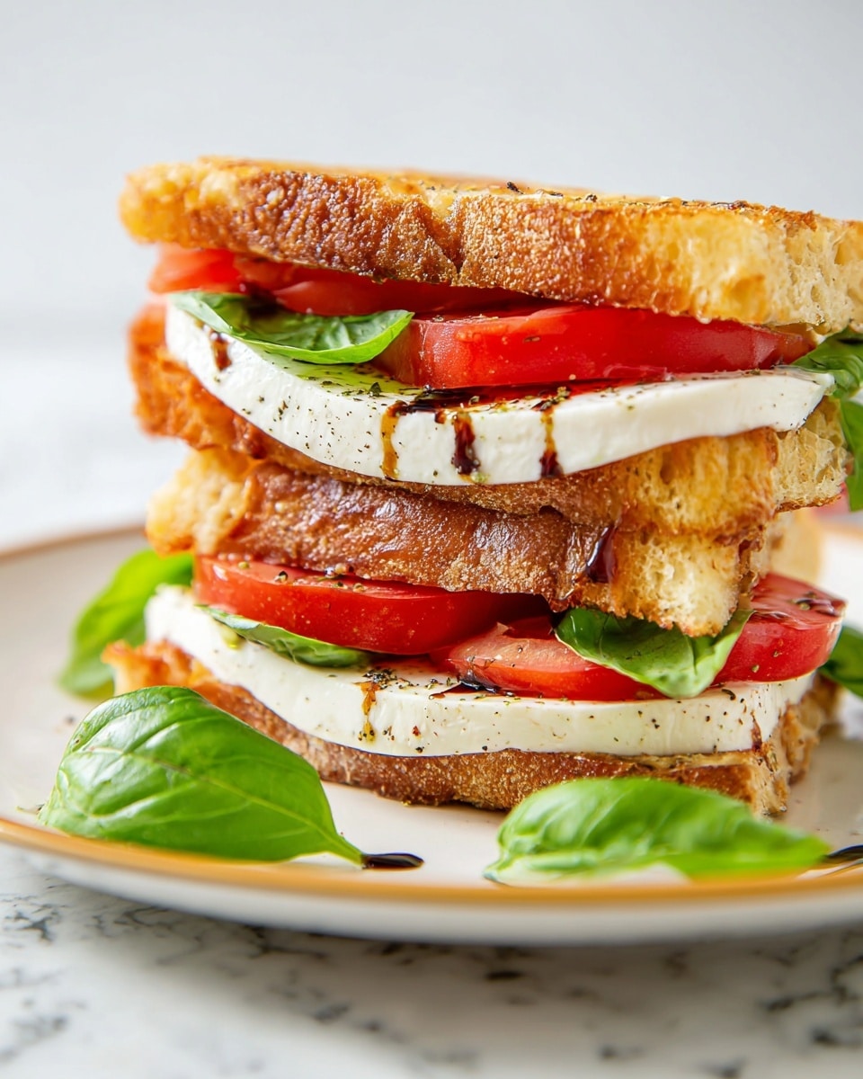 A sandwich with two layers of crusty golden-brown bread, each side showing a rough, crunchy texture. Inside, fresh bright red tomato slices form the first layer. On top of the tomato is a thick, creamy white mozzarella cheese layer, soft and slightly melted with black pepper and a drizzle of dark balsamic glaze. Green fresh basil leaves sit on and between the cheese and tomato layers. The sandwich is stacked on a smooth white plate with a faint golden rim, placed on a white marbled textured surface. photo taken with an iphone --ar 4:5 --v 7