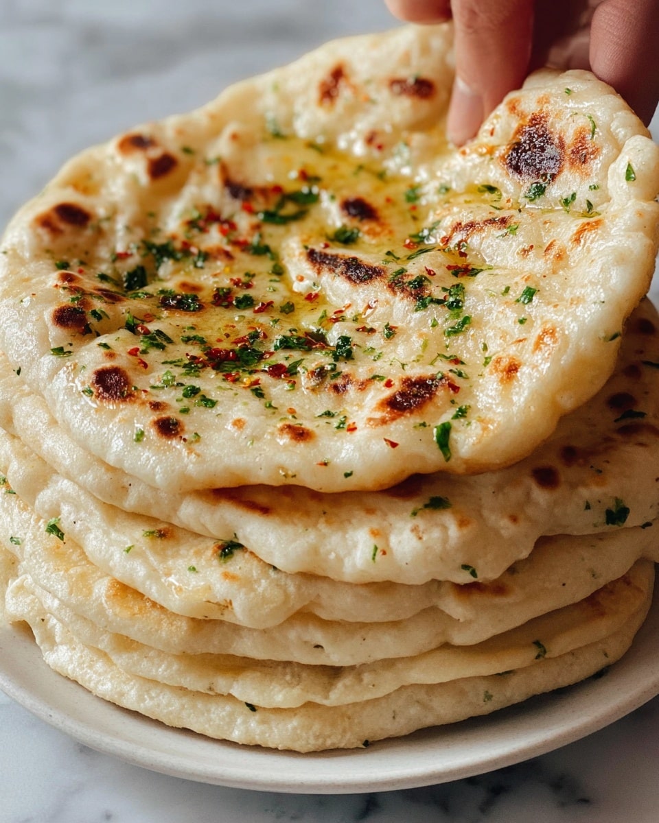 A stack of six soft, round flatbreads is placed on a white plate on a white marbled surface. Each flatbread is light beige with golden brown spots and slightly puffed areas. The top flatbread is brushed with oil, sprinkled with chopped green herbs and red chili flakes, adding small green and red color specks. A woman's hand is lifting the edge of the top flatbread, revealing its soft, slightly bumpy texture. The overall look is warm and fresh. photo taken with an iphone --ar 4:5 --v 7