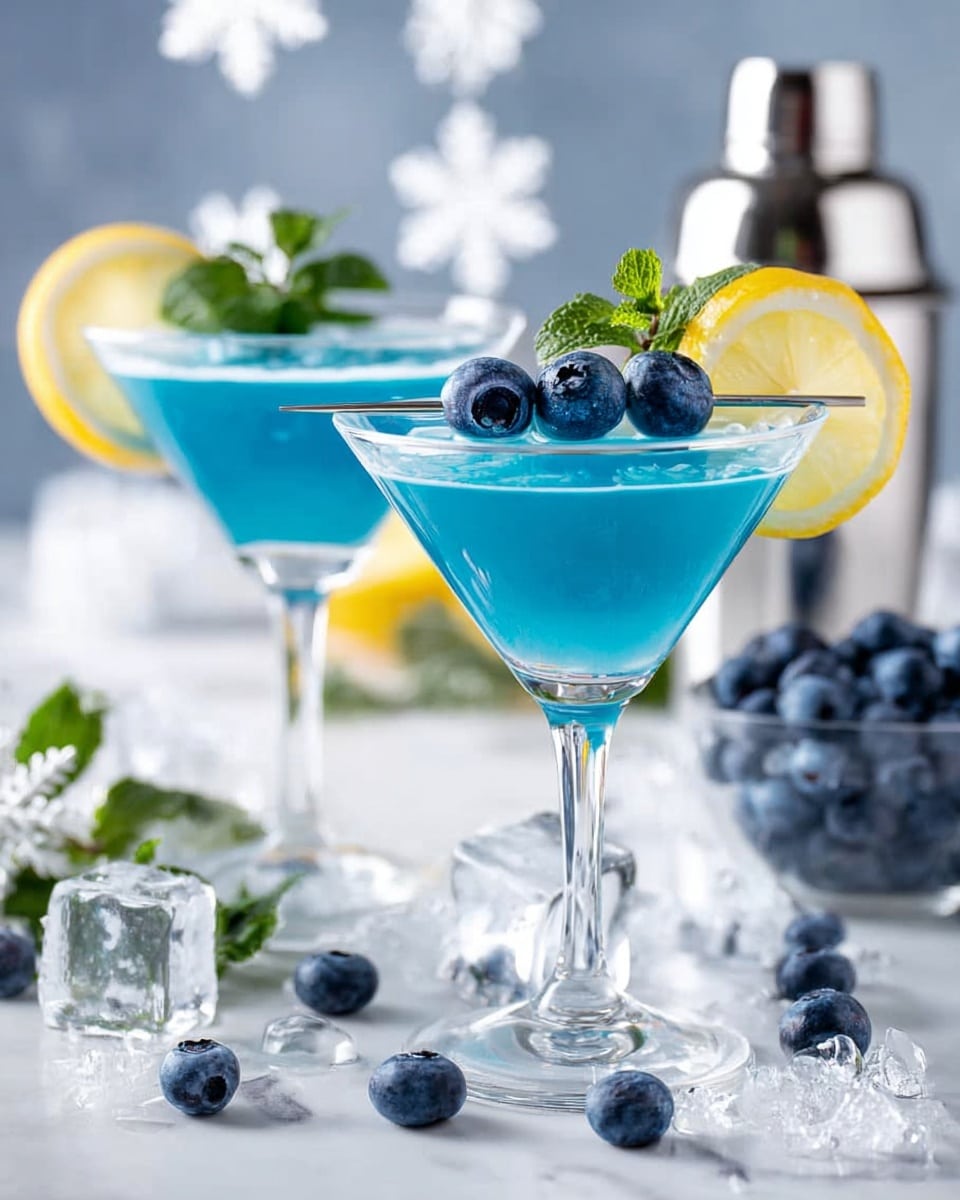 Two clear cocktail glasses each hold a bright blue drink with a smooth top layer. Each glass is decorated with three dark blue blueberries floating on the drink, a thin slice of yellow lemon resting on the rim, and a small sprig of fresh green mint beside the lemon. The glasses stand on a white marbled surface scattered with loose blueberries and clear ice cubes. In the background, another glass filled with blueberries and a shiny silver cocktail shaker are visible, with soft white snowflake shapes blurred behind. photo taken with an iphone --ar 4:5 --v 7