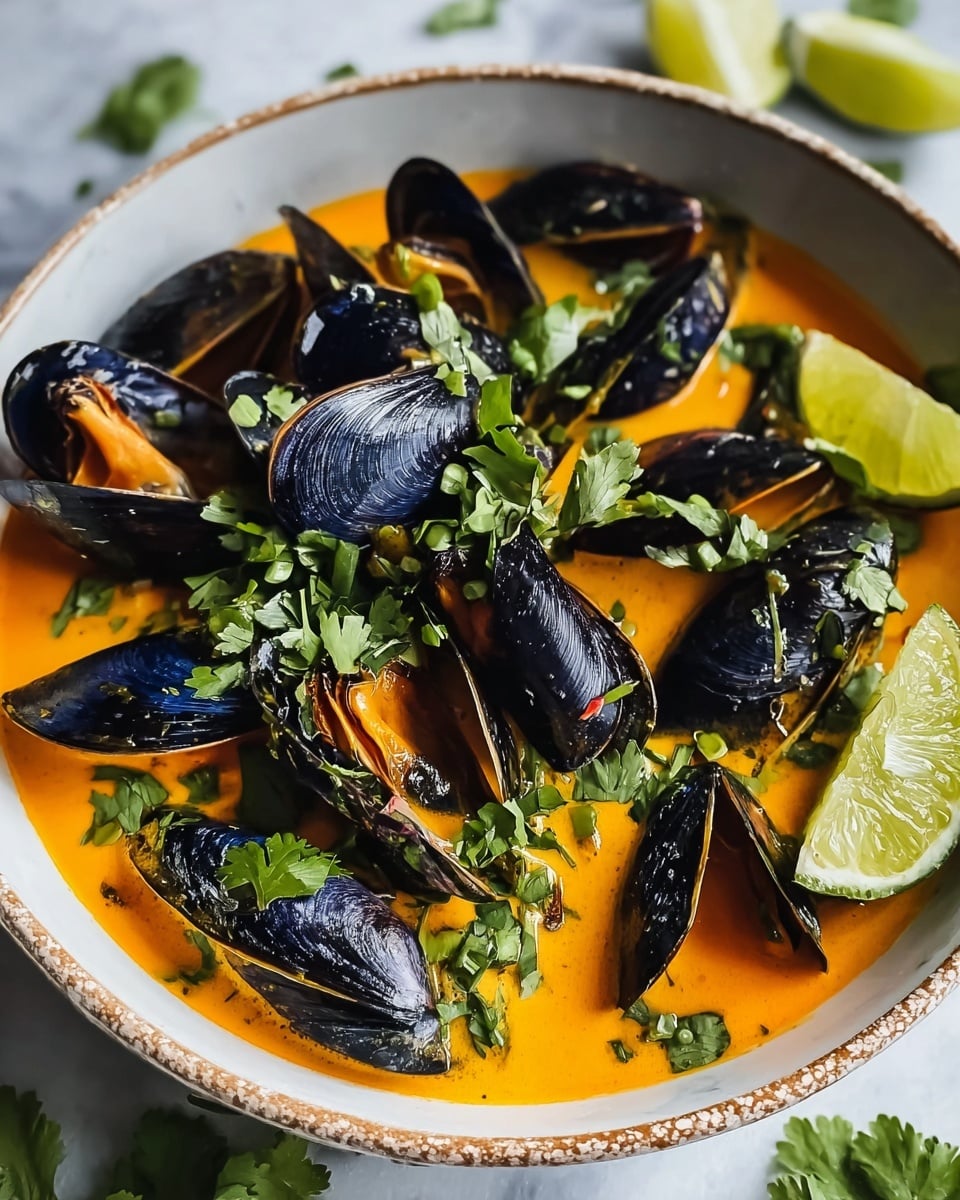 A bowl filled with a bright orange creamy broth as the base, topped with many glossy dark blue-black mussel shells, some open showing orange mussel meat inside. Fresh green chopped cilantro leaves are scattered over the mussels and broth, adding a pop of color. Two lime wedges rest on one side of the bowl, providing a fresh contrast. The bowl is white with light brown speckles on its rim, and it sits on a white marbled surface with some cilantro leaves around it. photo taken with an iphone --ar 4:5 --v 7
