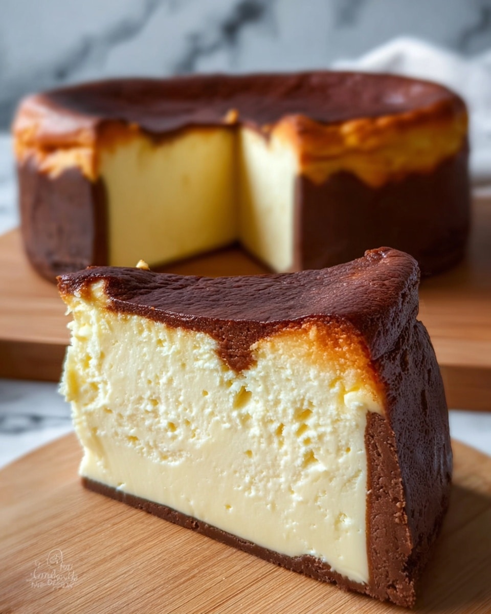 The image shows a close-up of a cheesecake loaf with one thick slice cut from the front. The cake has three visible layers: a dark brown, slightly burnt top crust that is wrinkled and raised; a thick, smooth, creamy yellow middle layer that looks soft and rich; and a light, slightly crumbly base layer at the bottom. The cheesecake is placed on a flat white marbled surface, and the texture of the cake looks dense and moist. Photo taken with an iphone --ar 4:5 --v 7