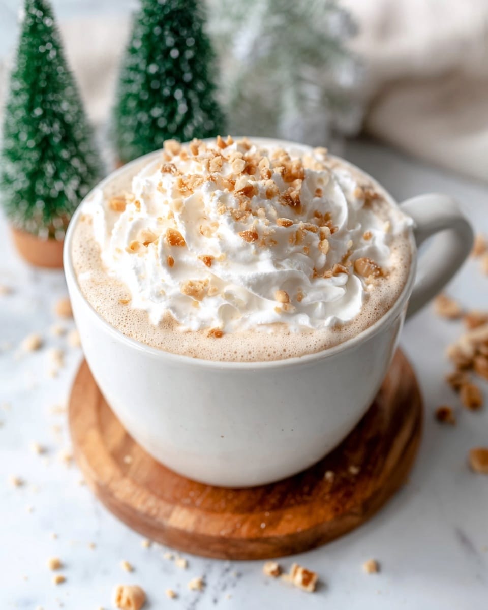 A close-up view of a white cup filled with a creamy light brown drink, topped with a thick, fluffy layer of white whipped cream that swirls up unevenly and is sprinkled with small, light brown nut pieces. The cup sits on a round wooden coaster on a white marbled surface, with some nut pieces scattered around. In the background, blurred small green and white artificial Christmas trees add a festive touch. Photo taken with an iphone --ar 4:5 --v 7