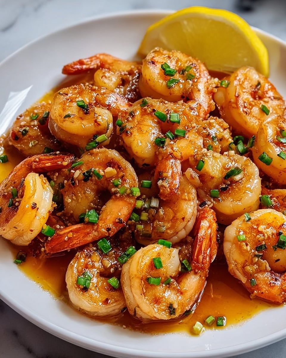 A white plate holds a close-up view of cooked shrimp, arranged in a layer that is bright orange and glistening with sauce. The shrimp are topped with small pieces of green chopped herbs, scattered evenly across the surface. A slice of yellow lemon rests on the edge of the plate, adding a pop of color. The shrimp have a browned, slightly crispy texture, and the sauce beneath them looks glossy and rich. The background surface is a white marbled texture. Photo taken with an iphone --ar 4:5 --v 7