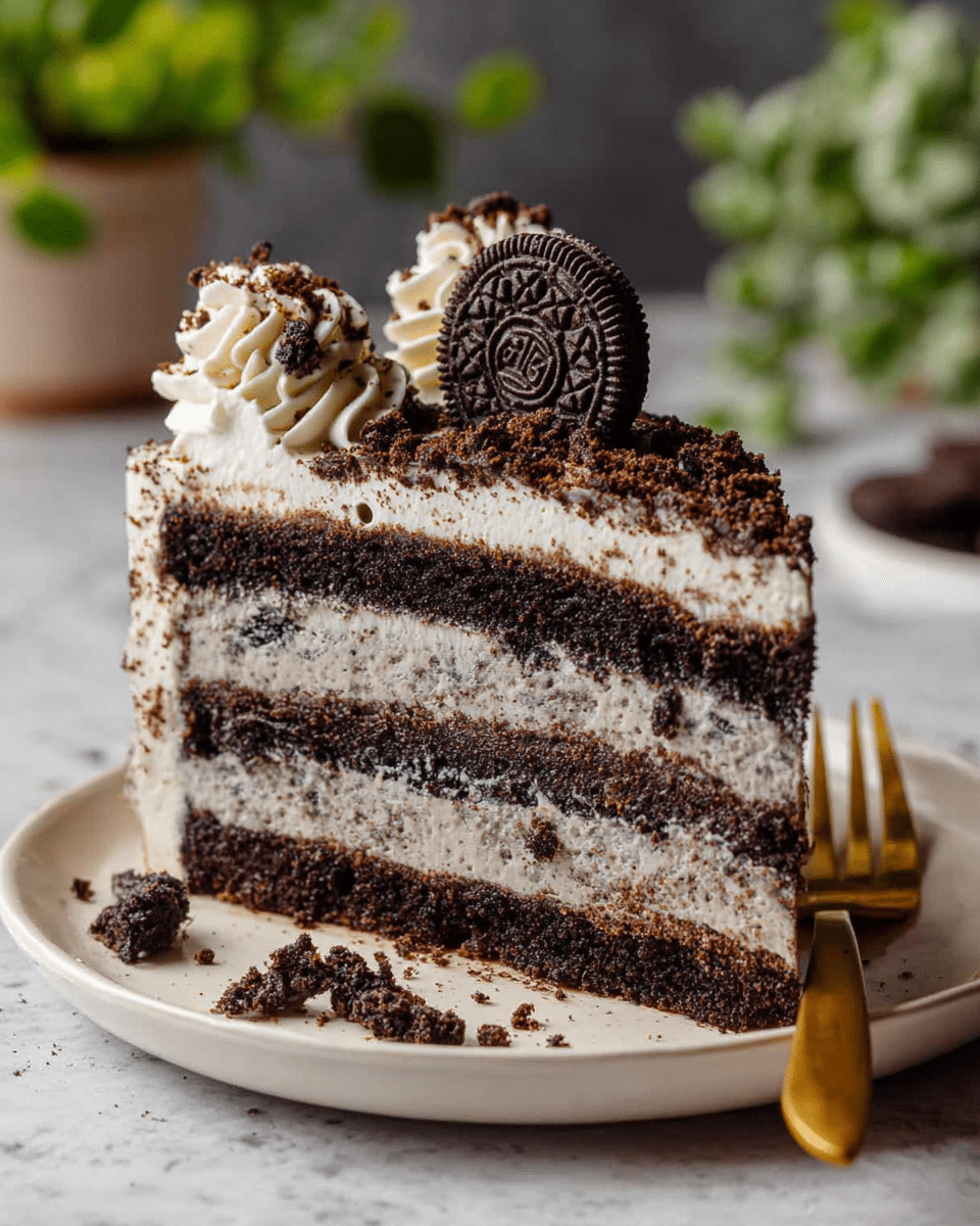 A slice of three-layer Oreo cake sits on a white plate with a golden fork on the right side. The bottom and middle layers are dark chocolate cake, with two thick middle layers of light grayish cream mixed with Oreo crumbs. The top is covered with more cream and chocolate crumbs, decorated with small swirls of white cream and a whole Oreo cookie in the center. Crushed Oreos and crumbs are scattered on the plate around the slice. The background is a soft-focused white marbled texture with green plants blurred in the back. Photo taken with an iphone --ar 4:5 --v 7