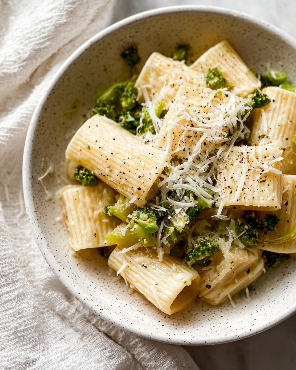 The image shows a close-up of rigatoni pasta, about eight pieces, placed unevenly in a white speckled bowl. The pasta is creamy pale yellow with a smooth texture and ridged surface. It's mixed with small, chopped green vegetables scattered mostly in the center and edges of the pasta. On top, there is a layer of finely grated white cheese and a light sprinkling of black pepper, adding texture and contrast. The bowl sits on a white marbled texture with a soft, textured white cloth in the background. photo taken with an iphone --ar 4:5 --v 7