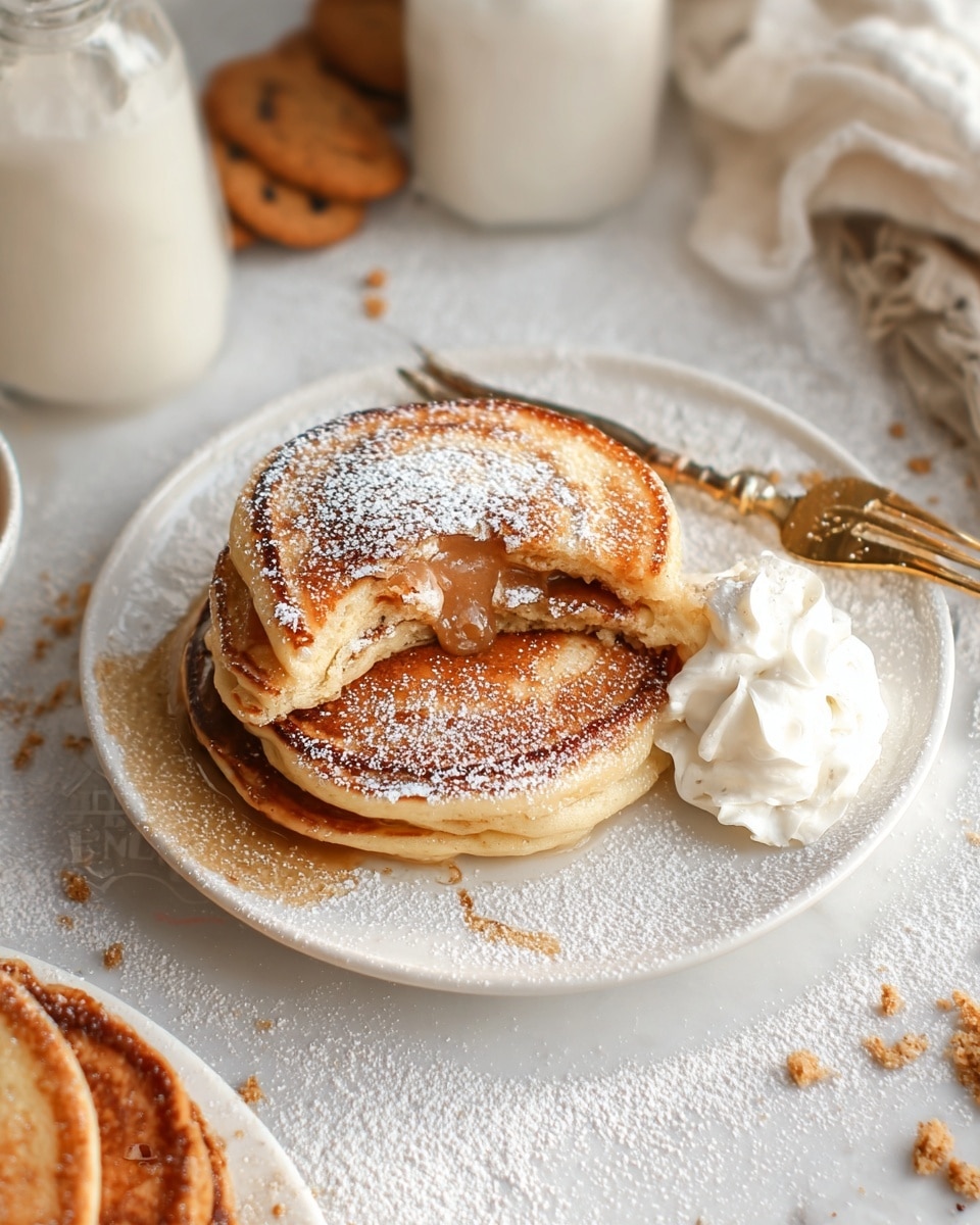 The image shows a white plate holding three golden brown pancakes stacked slightly overlapping. The top pancake is cut in half, revealing a creamy caramel-colored filling inside. A dollop of white whipped cream sits beside the pancakes near a gold fork placed on the plate’s edge. The pancakes have a soft, fluffy texture with lightly browned crispy edges and a dusting of powdered sugar on top. The plate rests on a white marbled surface scattered with powdered sugar, and around it are a glass bottle with light-colored milk and some brown cookies. Photo taken with an iphone --ar 4:5 --v 7