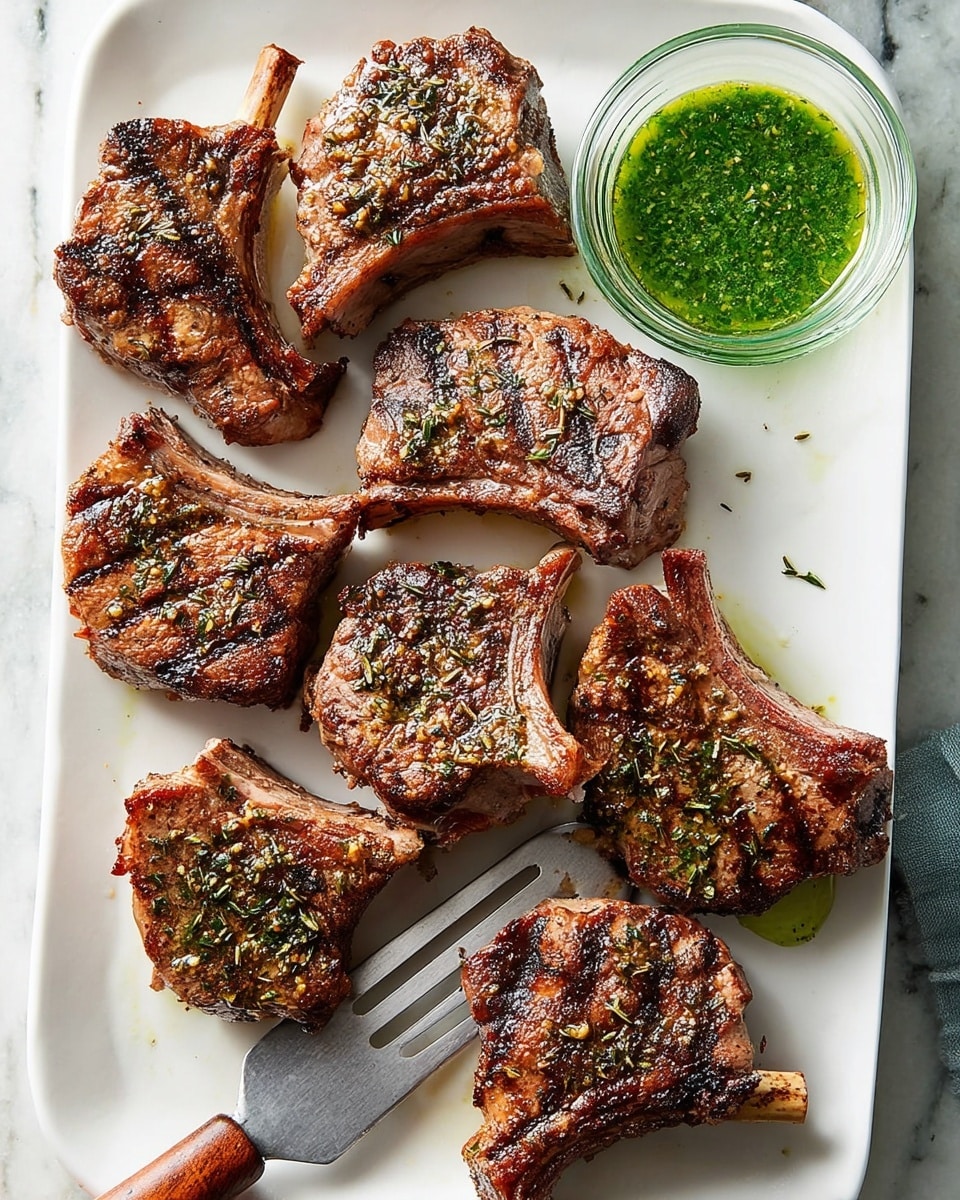 A white rectangular plate holds seven grilled lamb chops arranged in an uneven pattern, each chop showing a rich brown crust with visible grill marks and sprinkled with dried herbs. The lamb chops feature a mix of seared darker edges and lighter pinkish-brown interior, with small bones visible on some pieces. There is a small pool of green sauce in a clear glass bowl placed near the top right corner of the plate, adding a bright contrast. A metal spatula with a wooden handle rests under the left side of one chop. The plate sits on a surface with a white marbled texture. photo taken with an iphone --ar 4:5 --v 7