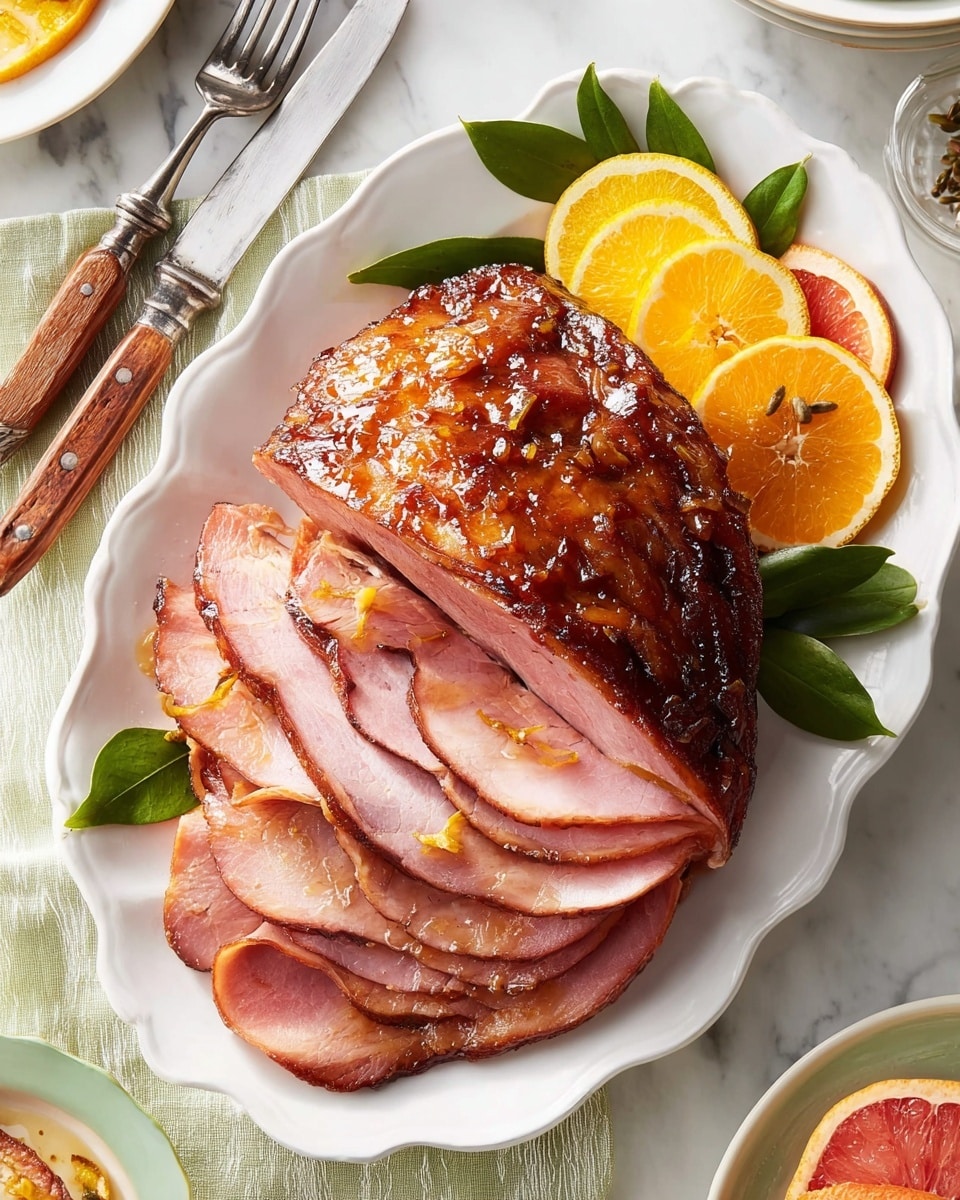 A white scalloped oval plate holds a sliced glazed ham with two parts: the top half shows a thick, glossy, caramelized brown layer with clove-like spices and a shiny texture, while the bottom half features several thin slices of pink ham with browned edges layered neatly, slightly overlapping each other. On the side of the ham are three thin citrus slices in a row – yellow lemon, orange, and red grapefruit – adding bright color contrast. Two green leaves sit near the top of the glazed ham. To the left of the plate are a silver carving fork and knife with wooden handles resting on a soft white cloth. The setting is on a white marbled surface with other dishes slightly visible around the edges. Photo taken with an iphone --ar 4:5 --v 7