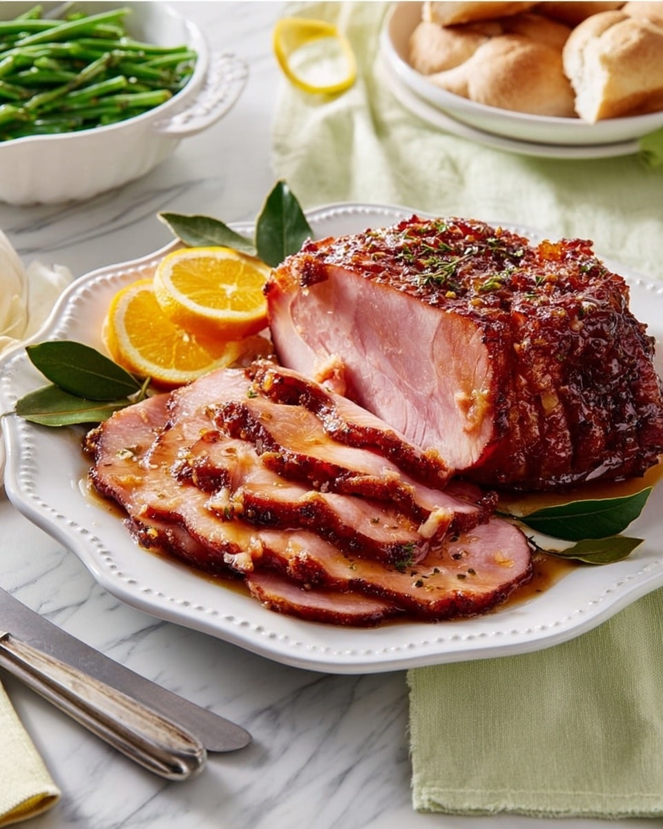 A white plate with a scalloped edge holds a cooked ham cut into thick slices, arranged in a semi-circle with the larger piece of ham resting on the plate’s back edge. The ham has a glazed, shiny brown crust with small bits of herbs and spices visible, and the inside is pink and juicy. To the left of the ham, there are three garnishes: an orange slice, a lemon wedge, and green bay leaves. The plate sits on a white marbled surface with a knife and fork beside it and a napkin underneath. In the background, there is a white bowl of green beans and some bread rolls on a light cloth. photo taken with an iphone --ar 4:5 --v 7