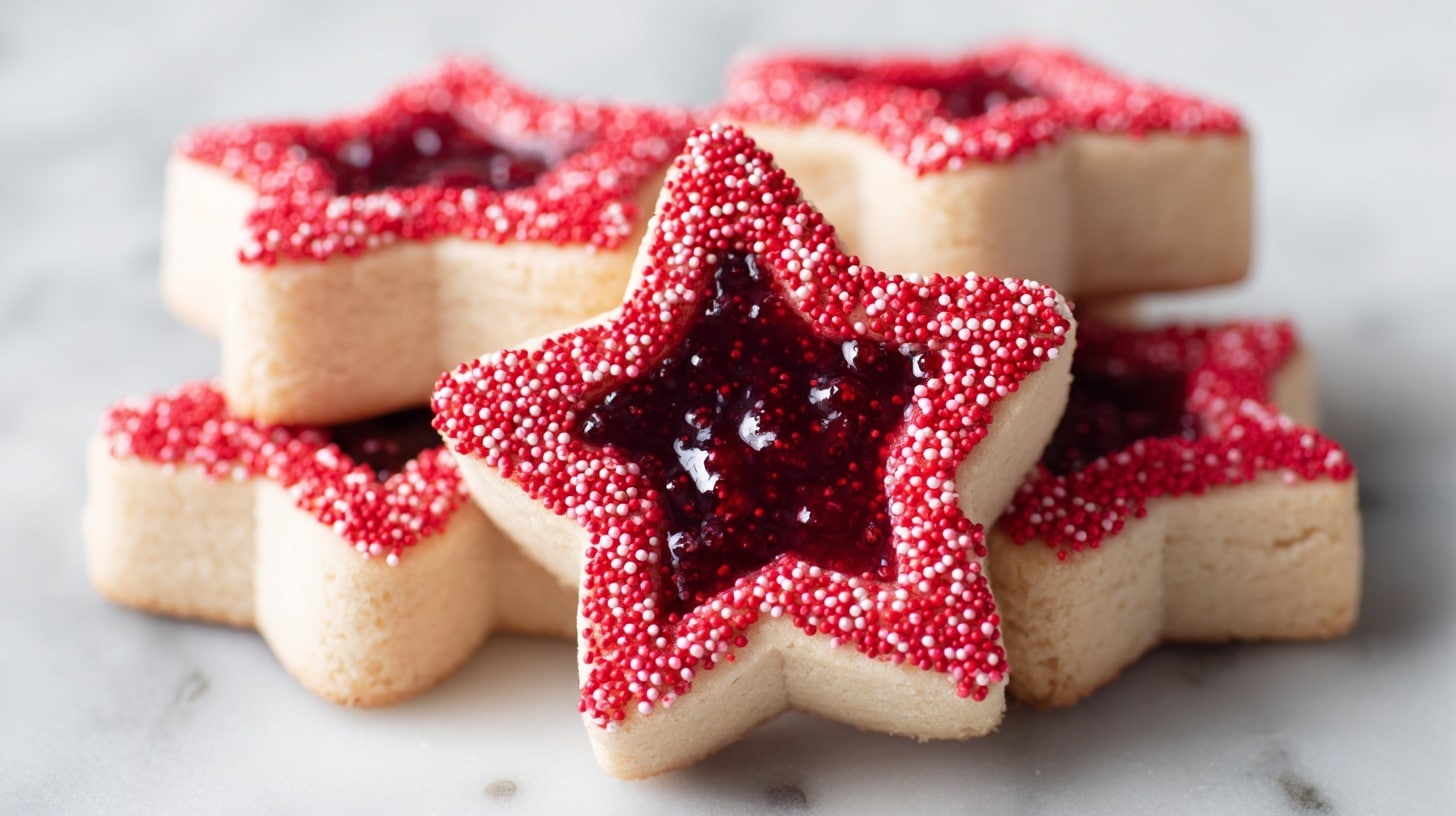 The image shows several star-shaped cookies with a smooth, light beige base layer of dough. Each cookie has a glossy, deep red jelly filling with a shiny, slightly bumpy texture, decorated with small red sugar pearls on top. The cookies are closely placed on a surface with white marbled texture, creating a festive and colorful look. Photo taken with an iphone --ar 4:5 --v 7