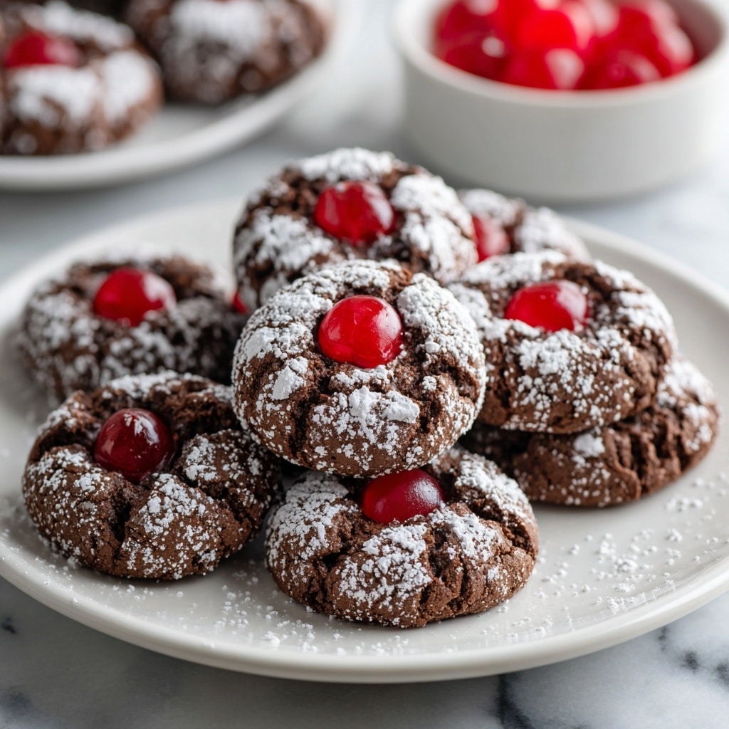A white plate filled with a stack of round chocolate cookies, each cookie topped with a dusting of powdered sugar. In the center of every cookie is a small bright red cherry, adding a pop of color against the dark brown chocolate. The cookies show a slightly rough texture from the powdered sugar and the soft, shiny cherry in the middle. The plate is placed on a white marbled surface, and in the background, there is a partial view of a white bowl with more red cherries. Photo taken with an iphone --ar 4:5 --v 7
