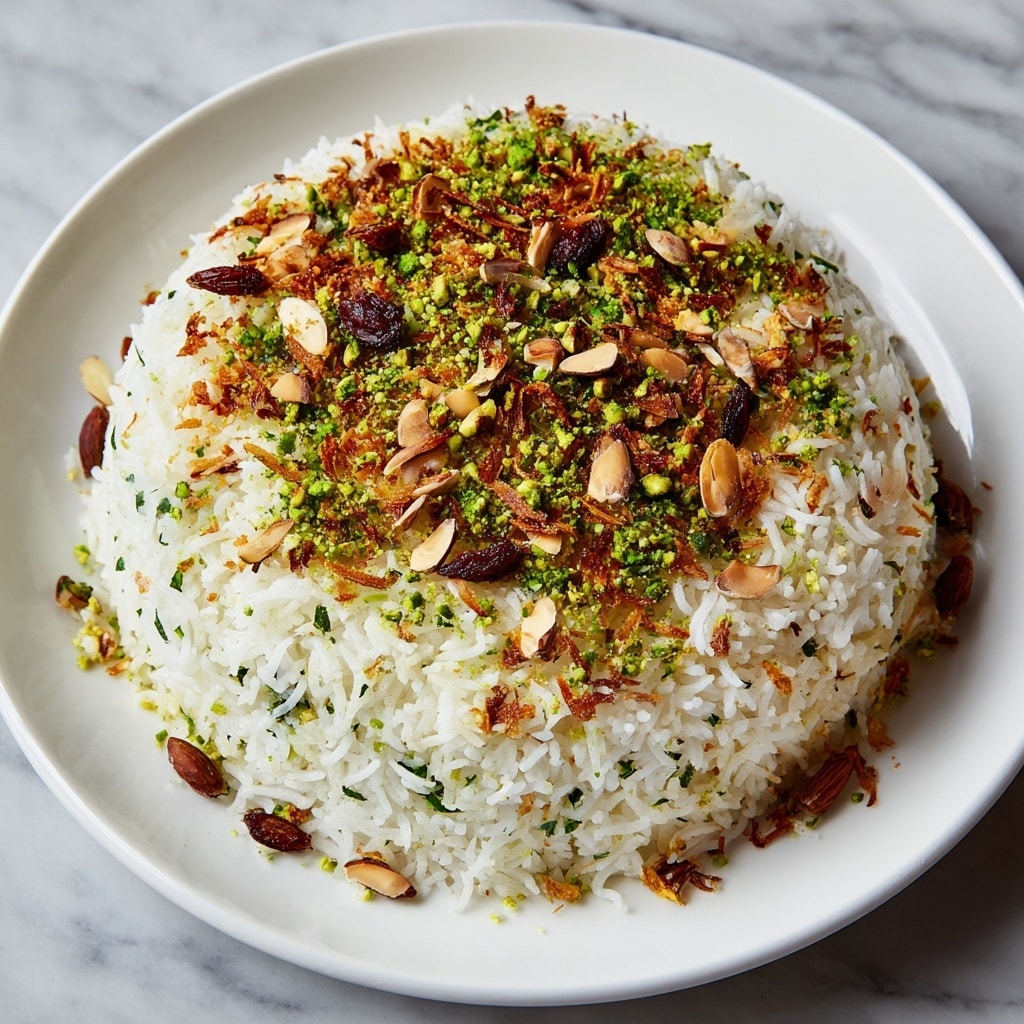 A large white plate holds a generous mound of fluffy white basmati rice speckled with small green herbs and brown bits, likely spices or nuts, spread evenly throughout. The rice mound is topped with a colorful mix of golden-brown fried onions, bright green chopped herbs, and a scattering of whole toasted nuts, including pistachios and almonds, creating a textured and rich look. The plate sits on a white marbled surface, adding a clean and fresh background to the vibrant colors of the rice dish. photo taken with an iphone --ar 4:5 --v 7