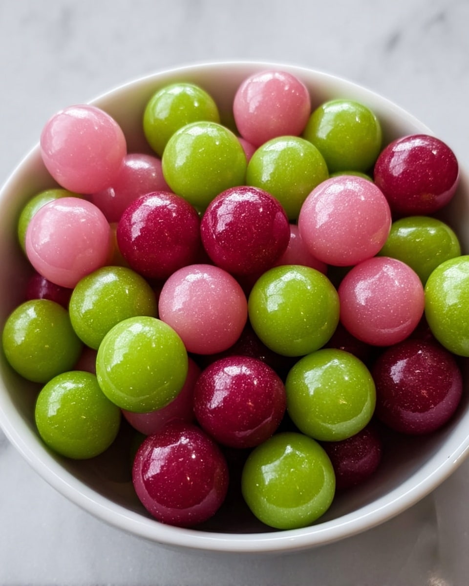 A white bowl filled with three layers of shiny round candy balls in green, light pink, and dark pink colors. The candies have a smooth, glossy texture that reflects light softly. The green balls are vibrant and fresh-looking, the light pink ones are soft and pastel, and the dark pink candies are richer and deeper in color. They are arranged closely together, creating a full and abundant look. The bowl sits on a white marbled surface. photo taken with an iphone --ar 4:5 --v 7