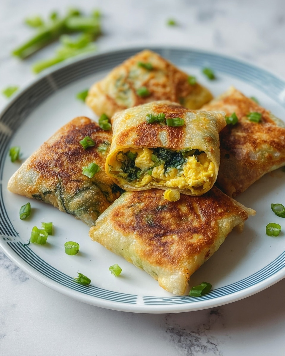 A white plate with blue dashed lines holds four square breakfast pockets. Each pocket has a thin, golden-brown crispy outer layer with some darker toasted spots. Inside, the filling is yellow scrambled eggs mixed with green spinach or herbs, visible where one pocket is slightly open. Small chopped green onions are scattered on the plate and around the pockets. The plate sits on a white marbled surface with some green onion pieces nearby, creating a fresh and simple scene. Photo taken with an iphone --ar 4:5 --v 7