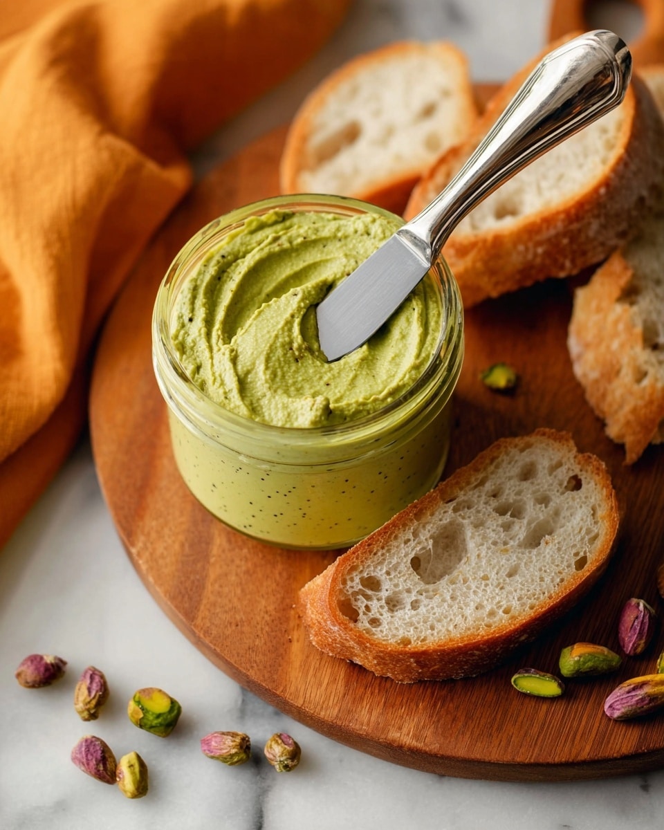 A small glass jar filled with smooth, creamy green pistachio spread with some tiny black specks, placed on a round wooden board. A silver spreading knife with some green spread on its tip rests inside the jar at an angle. Around the jar on the wooden board, there are a few scattered whole pistachios in green and purple shades. Two slices of crusty bread with a golden-brown crust and a light, airy interior sit next to the jar. An orange cloth is partially visible on the left side, and the setting is on a white marbled background. Photo taken with an iphone --ar 4:5 --v 7