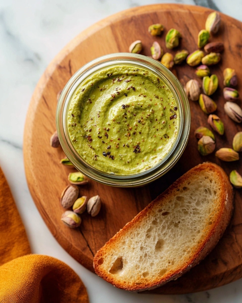 A glass jar sits on a round wooden board filled with a thick, green spread that has a slightly rough texture with small dark brown specks mixed in. Around the jar, there are scattered pistachio nuts with green and beige shells. To the right of the jar, there is a single slice of toasted bread with a golden brown crust and airy, pale interior. In the bottom left corner, an orange cloth is partly visible. The surface beneath the wooden board is a white marbled texture. photo taken with an iphone --ar 4:5 --v 7