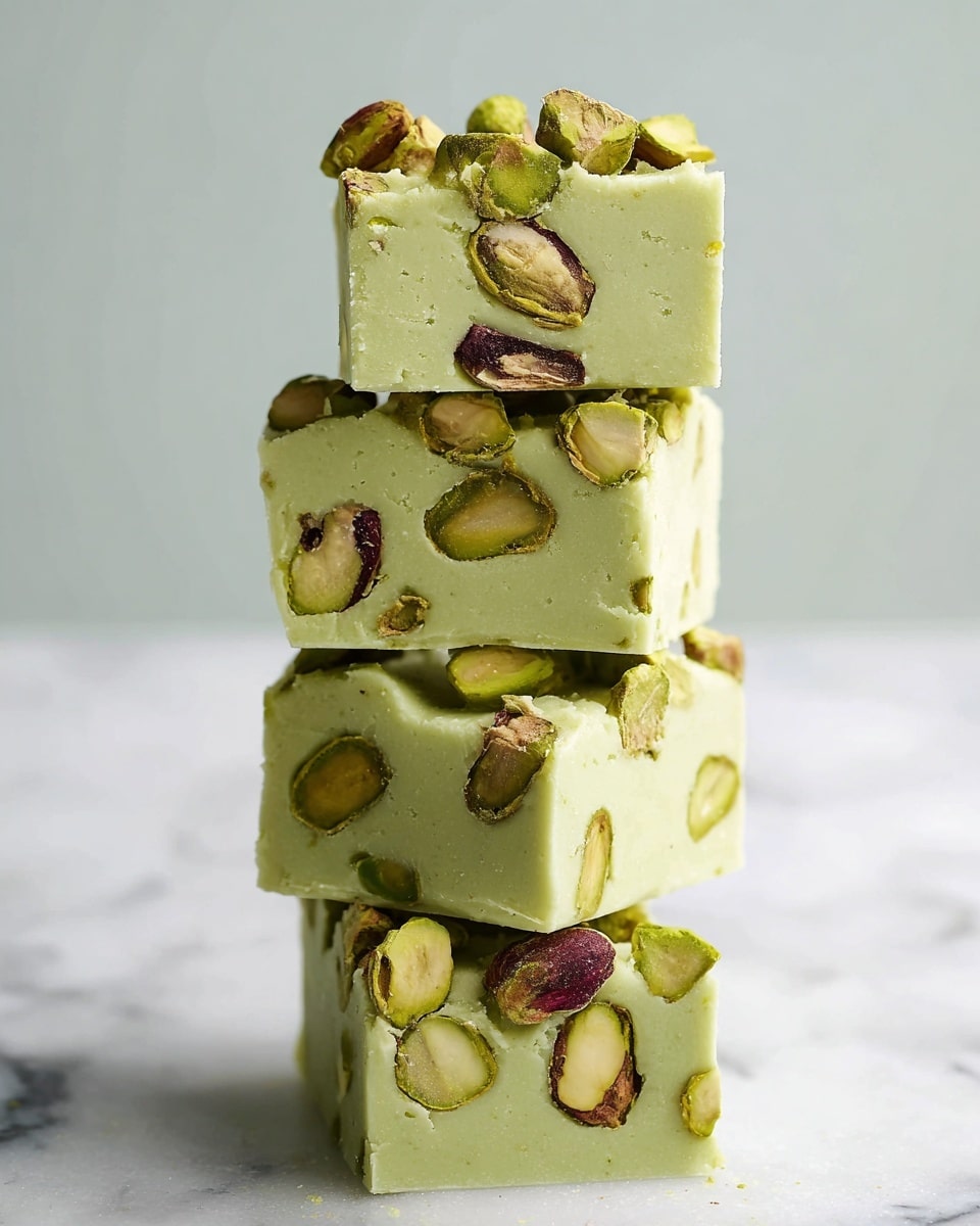 A close-up image of four thick square pieces of pale green fudge stacked vertically. Each piece is filled with whole and halved pistachio nuts, giving texture and pops of dark green and brown colors against the smooth, creamy green base. The nuts are spread evenly inside the fudge and some are slightly sticking out on the surface. The stack stands on a white marbled surface with a soft, neutral background. photo taken with an iphone --ar 4:5 --v 7